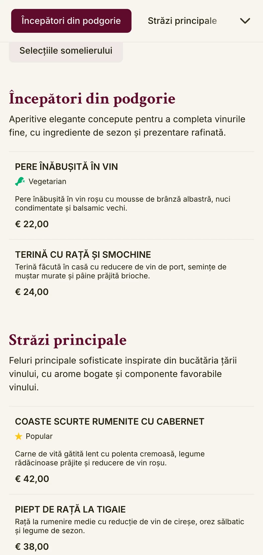 Un meniu sofisticat pentru cină, cu culori inspirate din vinuri și tipografie elegantă, conceput pentru unități cu programe extinse de vinuri.