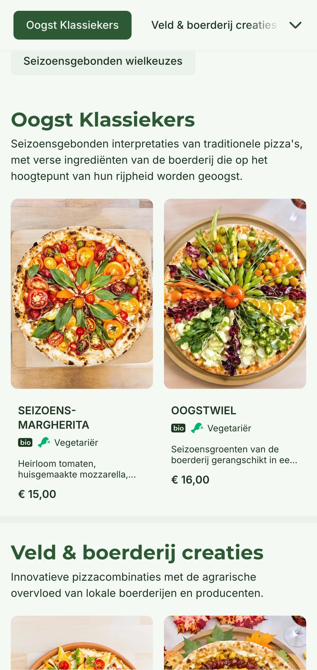 Boerderij-tot-tafel pizzamenu met seizoensgebonden ingrediënten en rustieke bereiding.