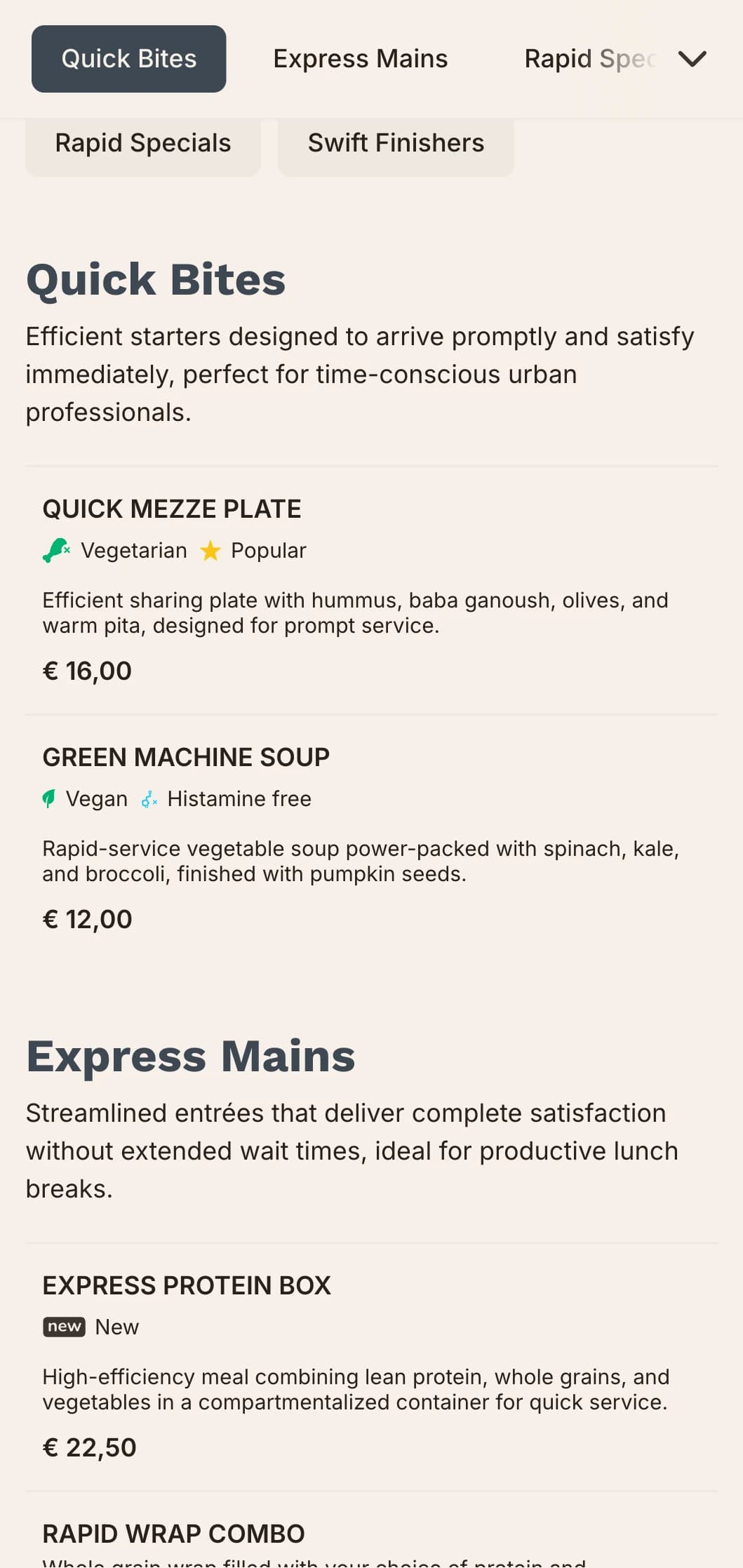 Efficient, urban-inspired lunch menu design with bold typography and clear organization, ideal for busy city eateries serving working professionals with limited lunchtime.