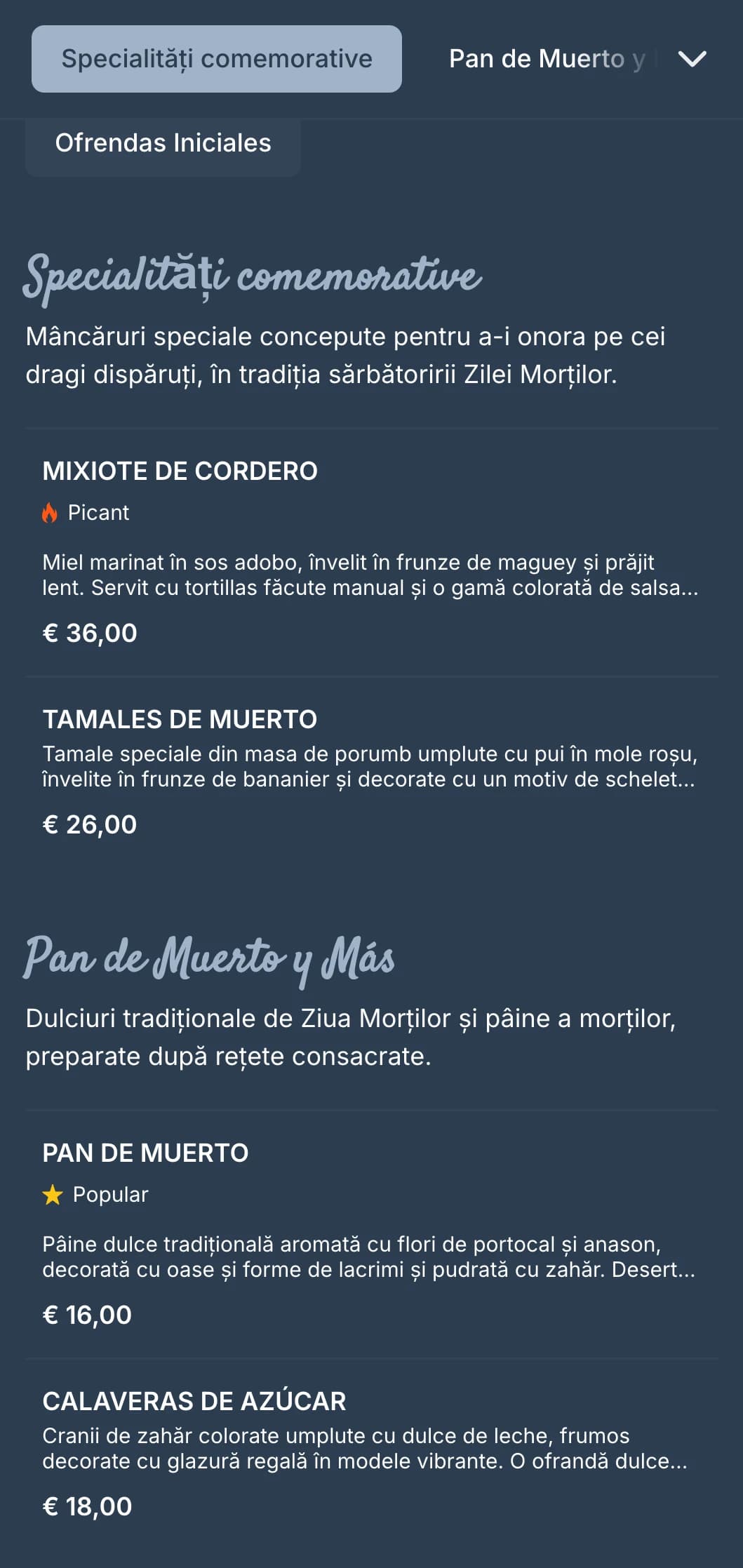 Meniu tematic artistic și sărbătoresc de Ziua Morților, cu tonuri bogate de albastru-cenușiu, motive cu cranii de zahăr și oferte speciale de sezon.