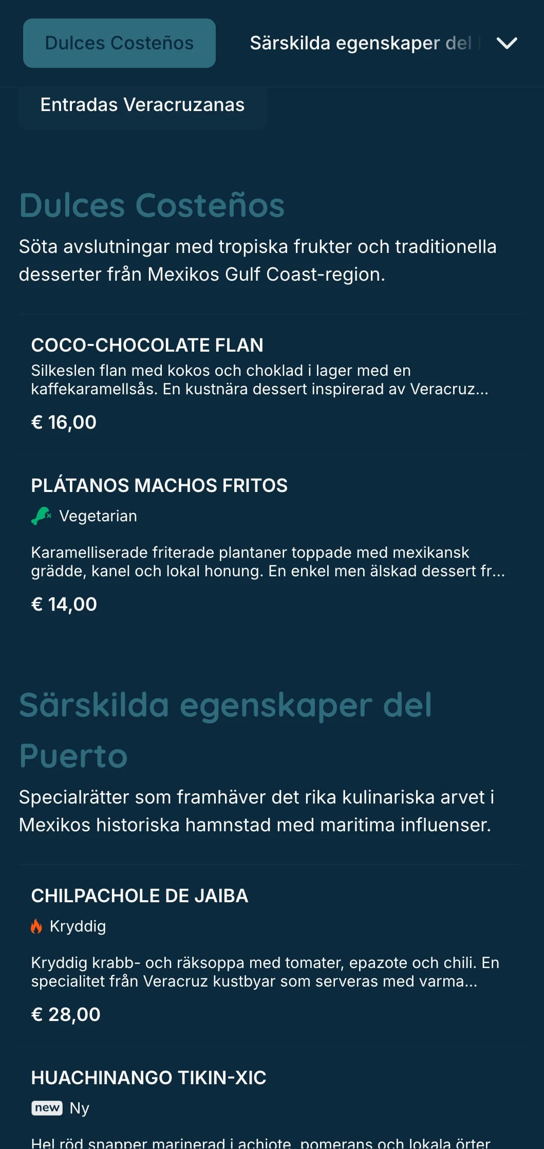 Fräsch och smakrik kustmeny med fisk- och skaldjursspecialiteter från Veracruz med turkosa accenter, kustbilder och signaturfiskberedningar.