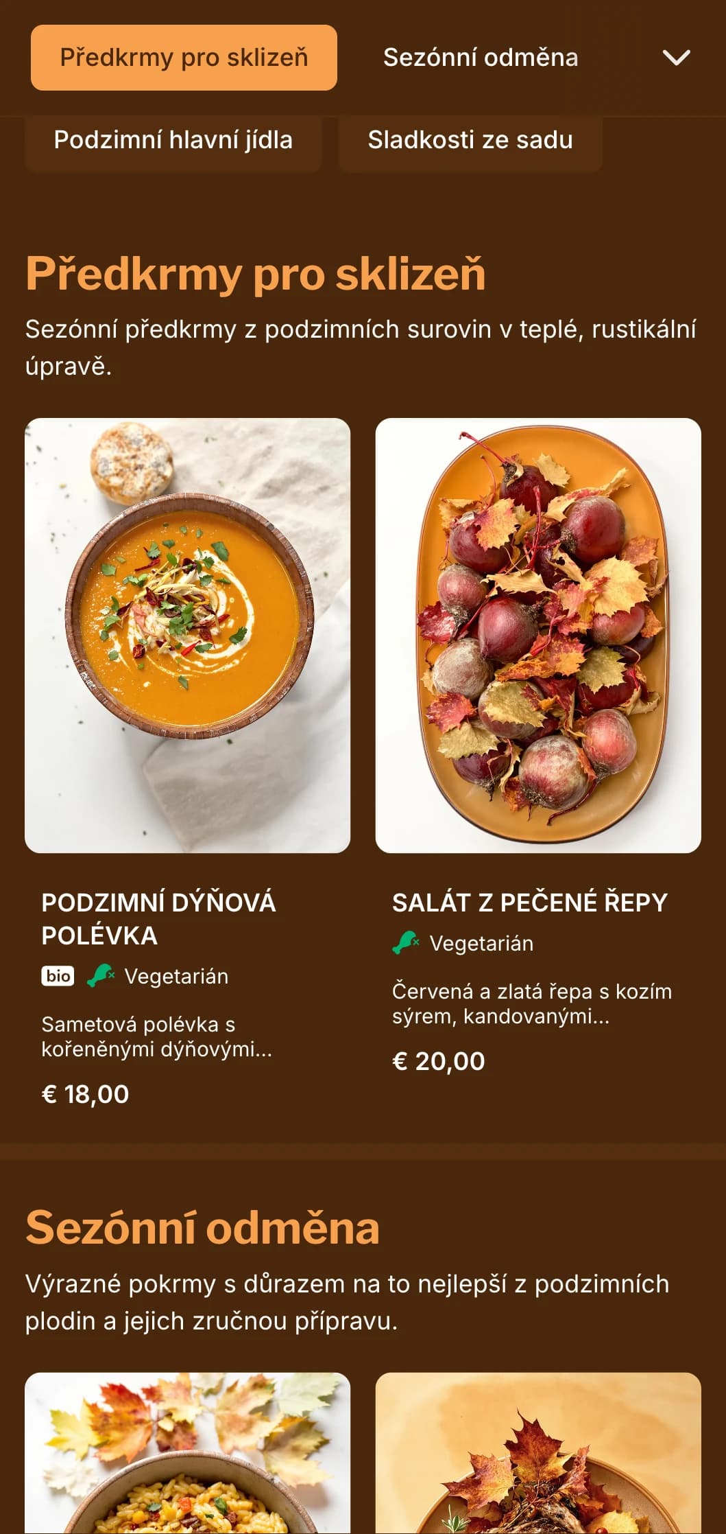 Teplé, podzimem inspirované menu k večeři se sytými jantarovými tóny, ideální pro sezónní kuchyni a restaurace zaměřené na sklizeň.