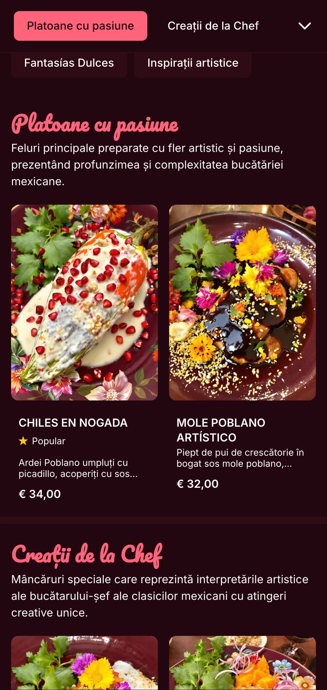 Meniu artistic și vibrant inspirat de Frida Kahlo, cu accente roz aprins, mâncăruri mexicane colorate și prezentări creative.