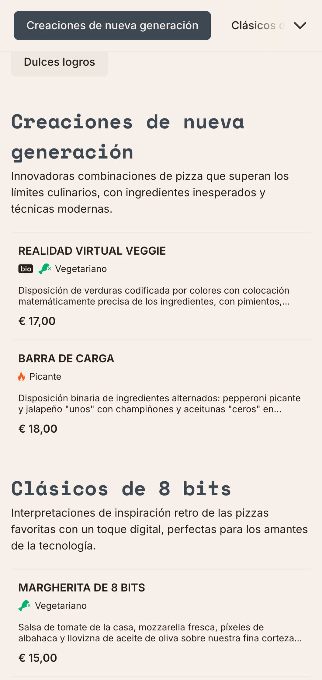 Carta de pizzas modernas de inspiración tecnológica con estética digital para conceptos de pizza innovadores.