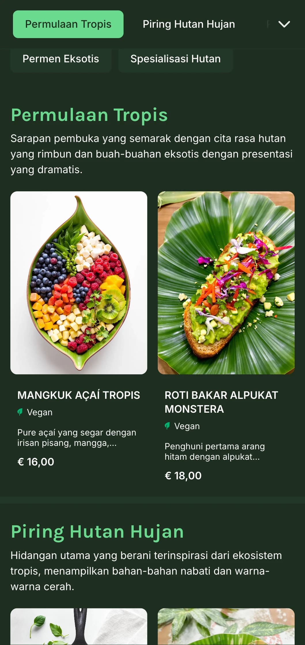 Templat hijau yang cerah dengan elemen tropis, cocok untuk kafe nabati dan sajian brunch yang eksotis.
