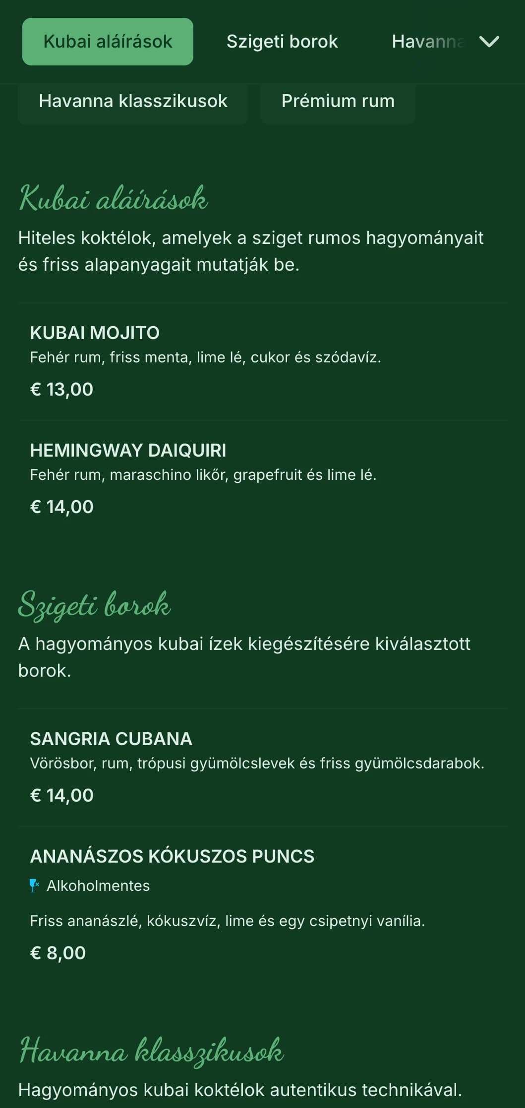 Trópusi zöld design vintage elemekkel kubai ihletésű rumos bárokhoz.