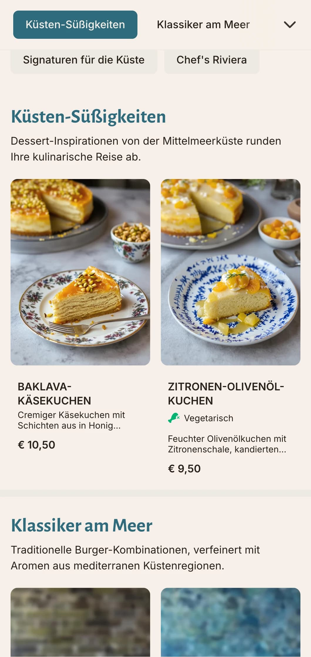 Von der Küste inspiriertes Burger-Menü mit mediterranen blauen Akzenten und Schwerpunkt auf frischen Zutaten.