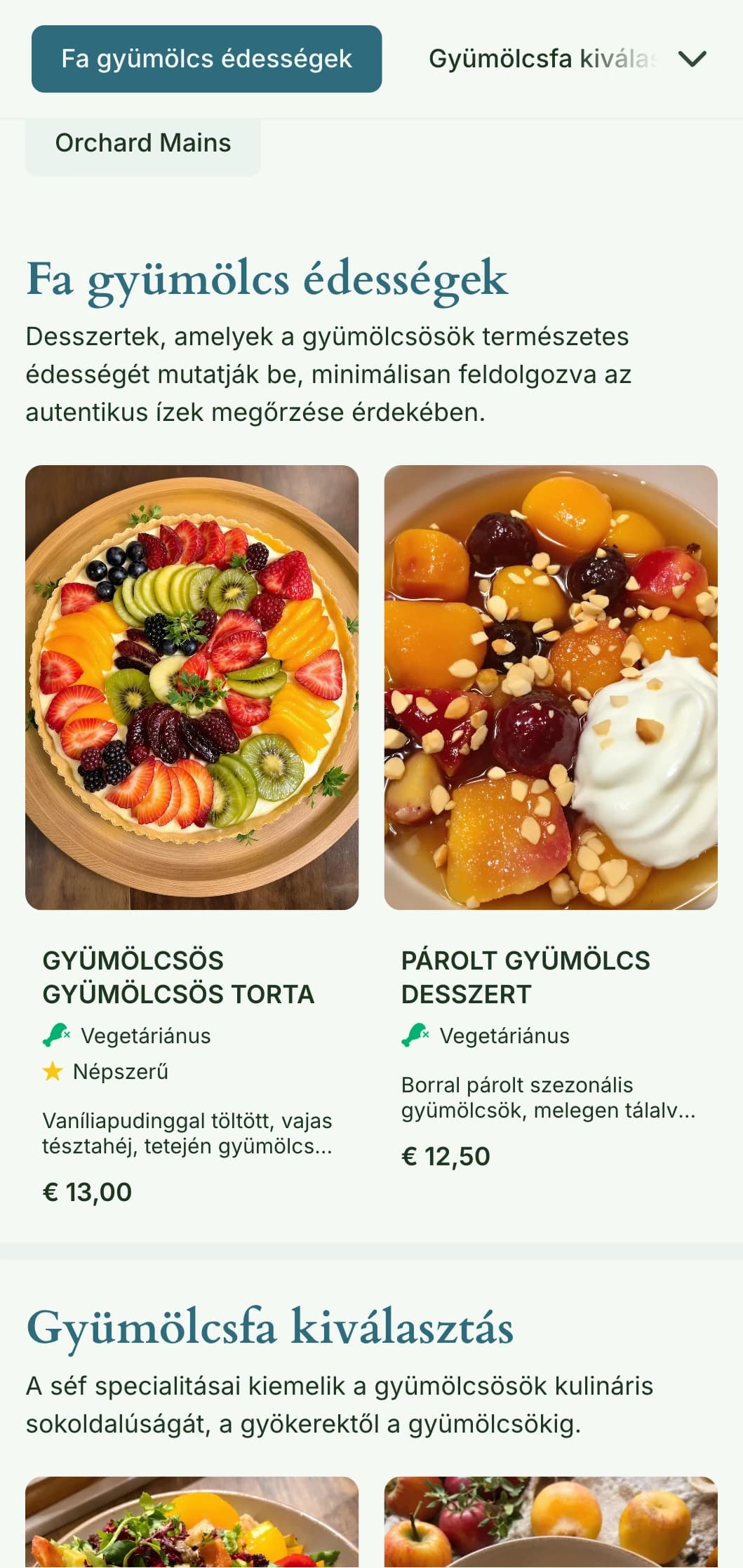 Gyümölcsös, gyümölcsös ihlette ebédmenü-tervezés szezonális elemekkel és természetes bőséggel, ideális a fák gyümölcseit és gyümölcsös termékeket használó éttermek számára.
