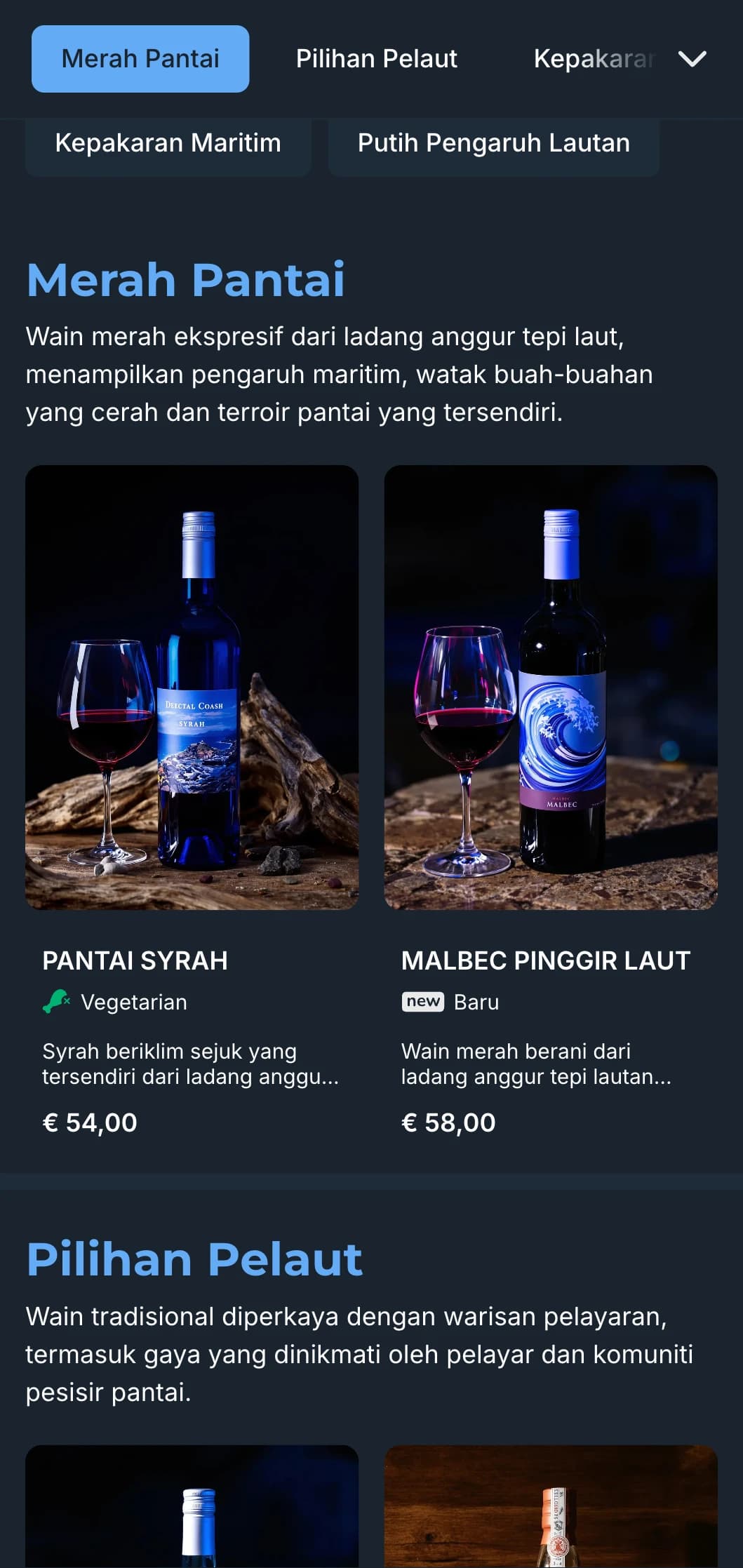 Templat senarai wain gelap yang diinspirasikan oleh Mediterranean dengan aksen biru terang, sesuai untuk restoran pinggir pantai pada waktu malam dan pengalaman wain tepi laut.