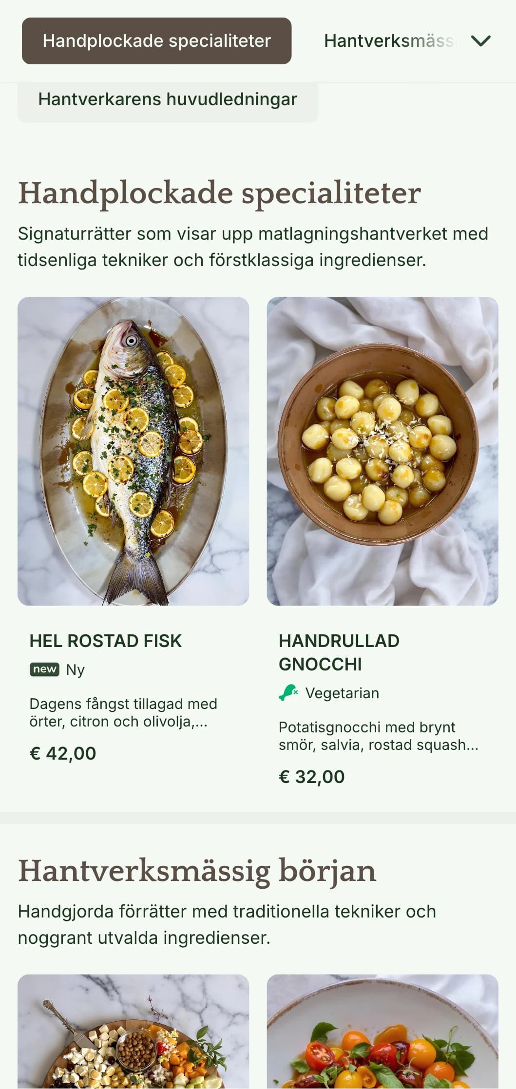 En varm, hantverksmässig middagsmeny med hantverksinspirerade designelement och jordnära toner, perfekt för restauranger som fokuserar på handgjorda rätter.