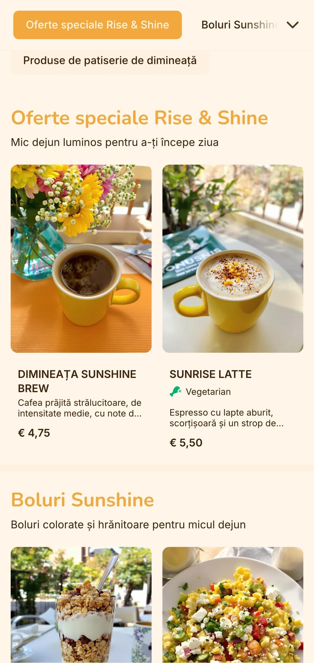 Design vesel, galben și portocaliu, cu elemente însorite, pentru restaurante de mic dejun și locuri de brunch.