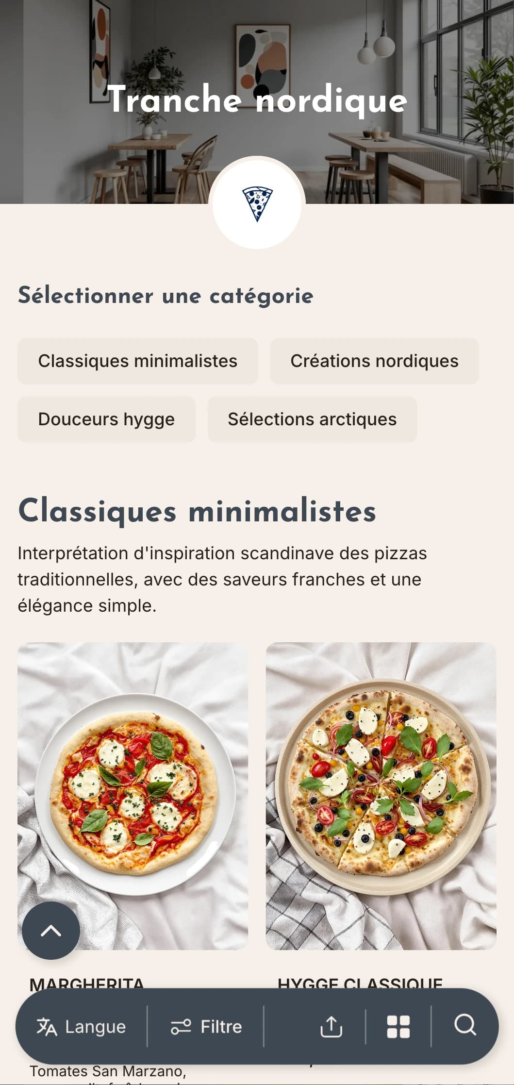 Carte de pizzas d'inspiration scandinave au design épuré et minimal et à l'esthétique fonctionnelle.