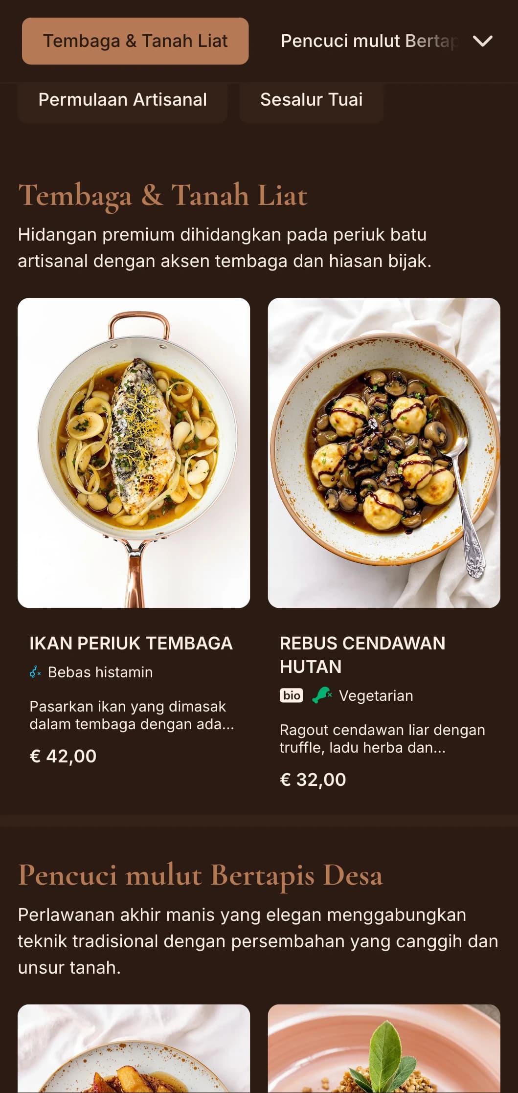 Keanggunan desa yang halus menampilkan rona tembaga hangat dan aksen bijak, sesuai untuk santapan mewah dari ladang ke meja dan bermusim yang canggih.