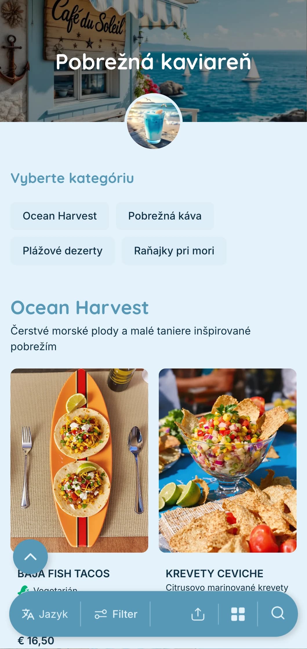 Svieži modrý dizajn s pobrežnými prvkami pre prímorské kaviarne a kaviarne na pláži.