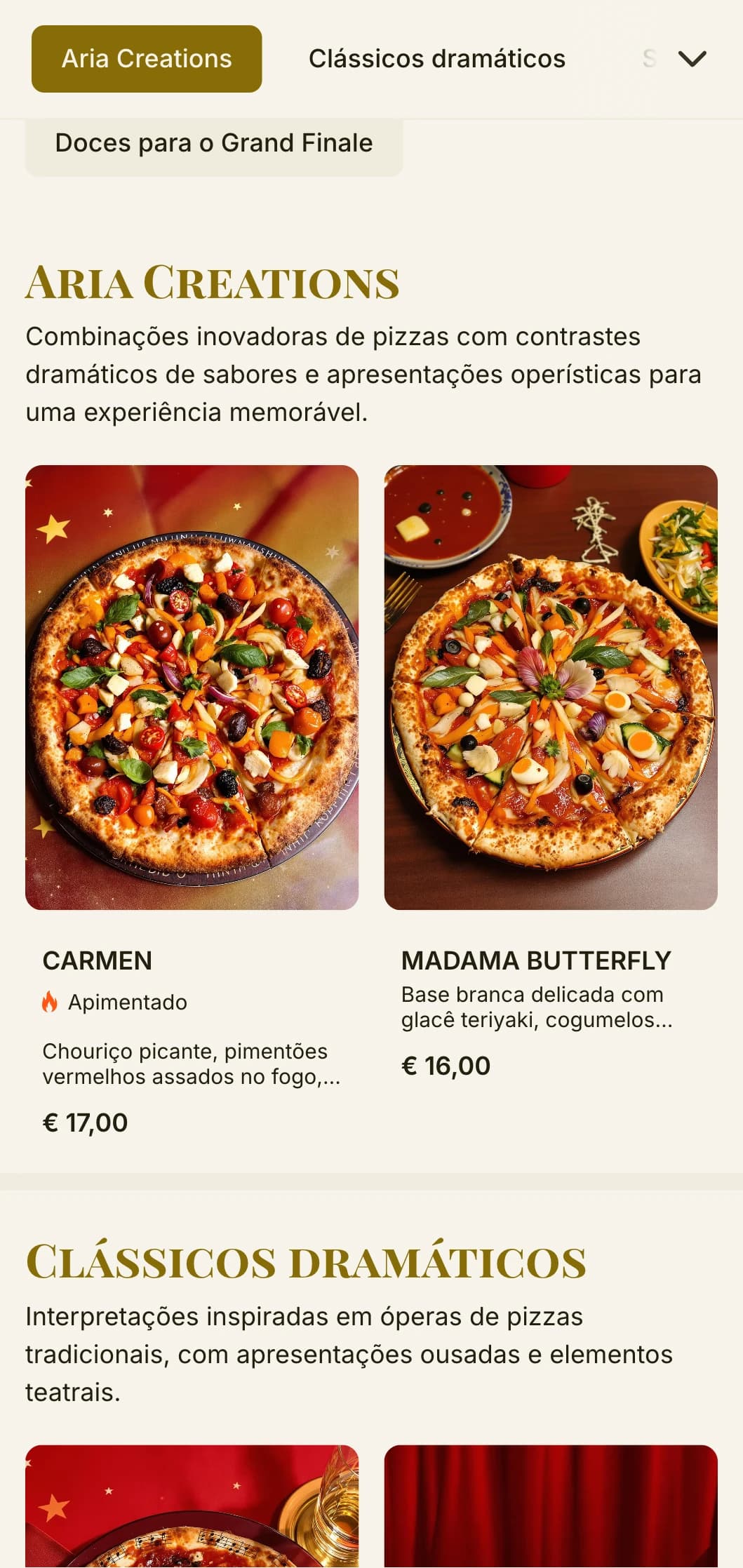 Menu de pizza teatral inspirado na ópera italiana com hierarquia visual dramática.