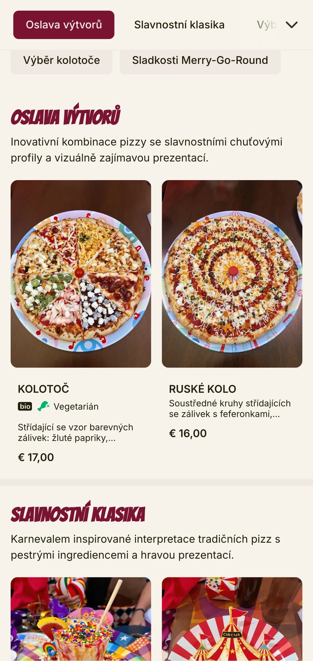 Slavnostní, energické menu pizzy s jasnými barvami a hravými prvky.