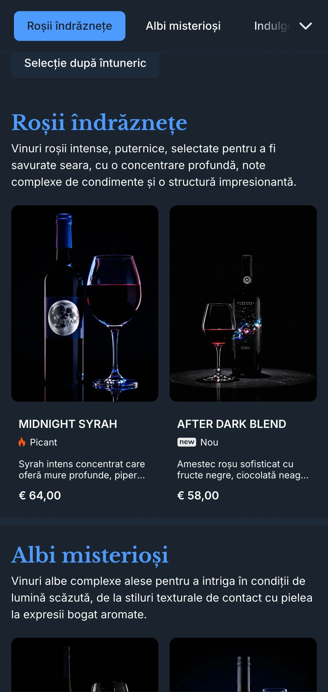Șablon de listă de vinuri cu atmosferă profundă, cu accente albastru electric pe fundaluri de miezul nopții, ideal pentru localuri de seară și experiențe vinicole exclusive.