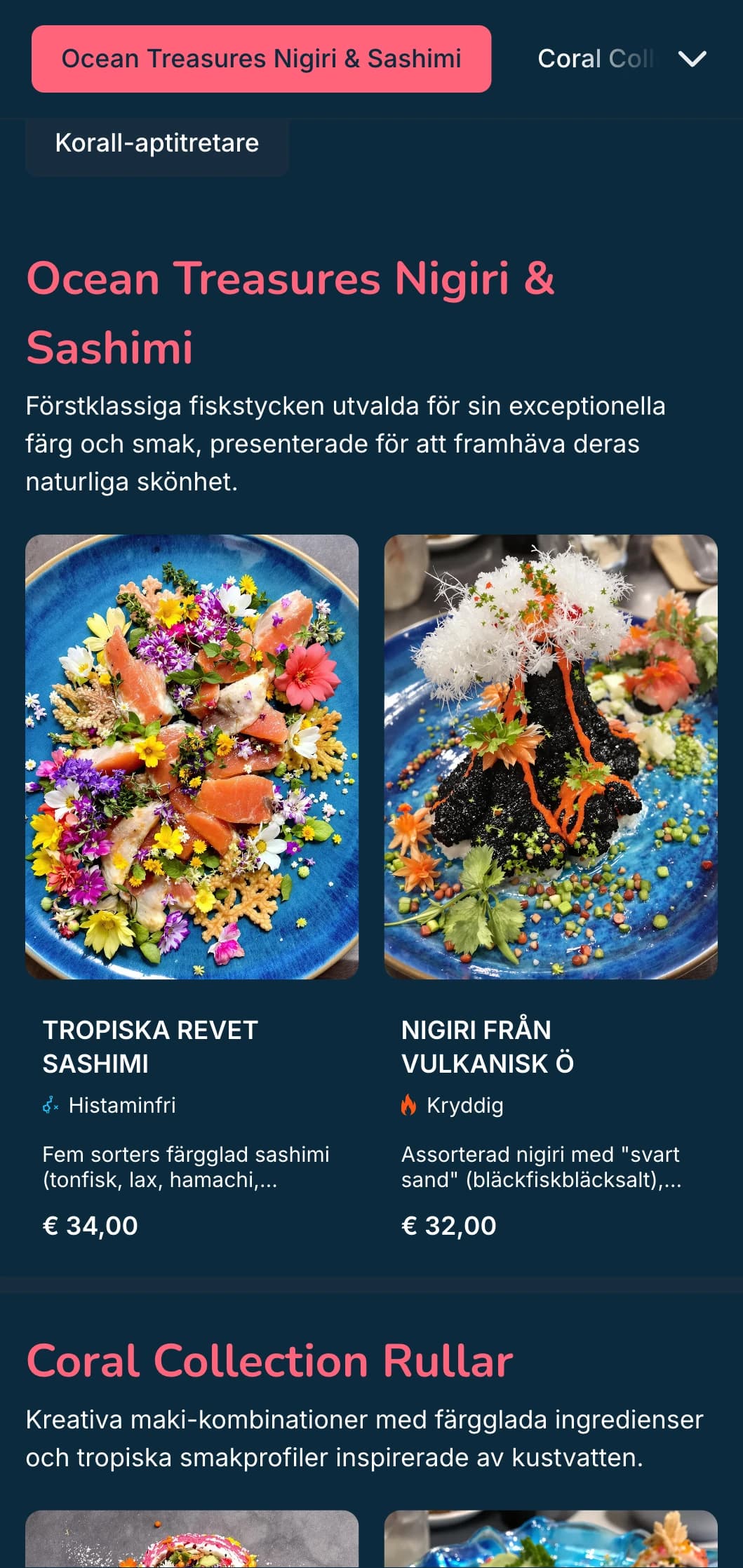 Levande havsinspirerad sushimeny med korallrosa accenter mot djupblå bakgrunder, perfekt för fisk- och skaldjursspecialister.