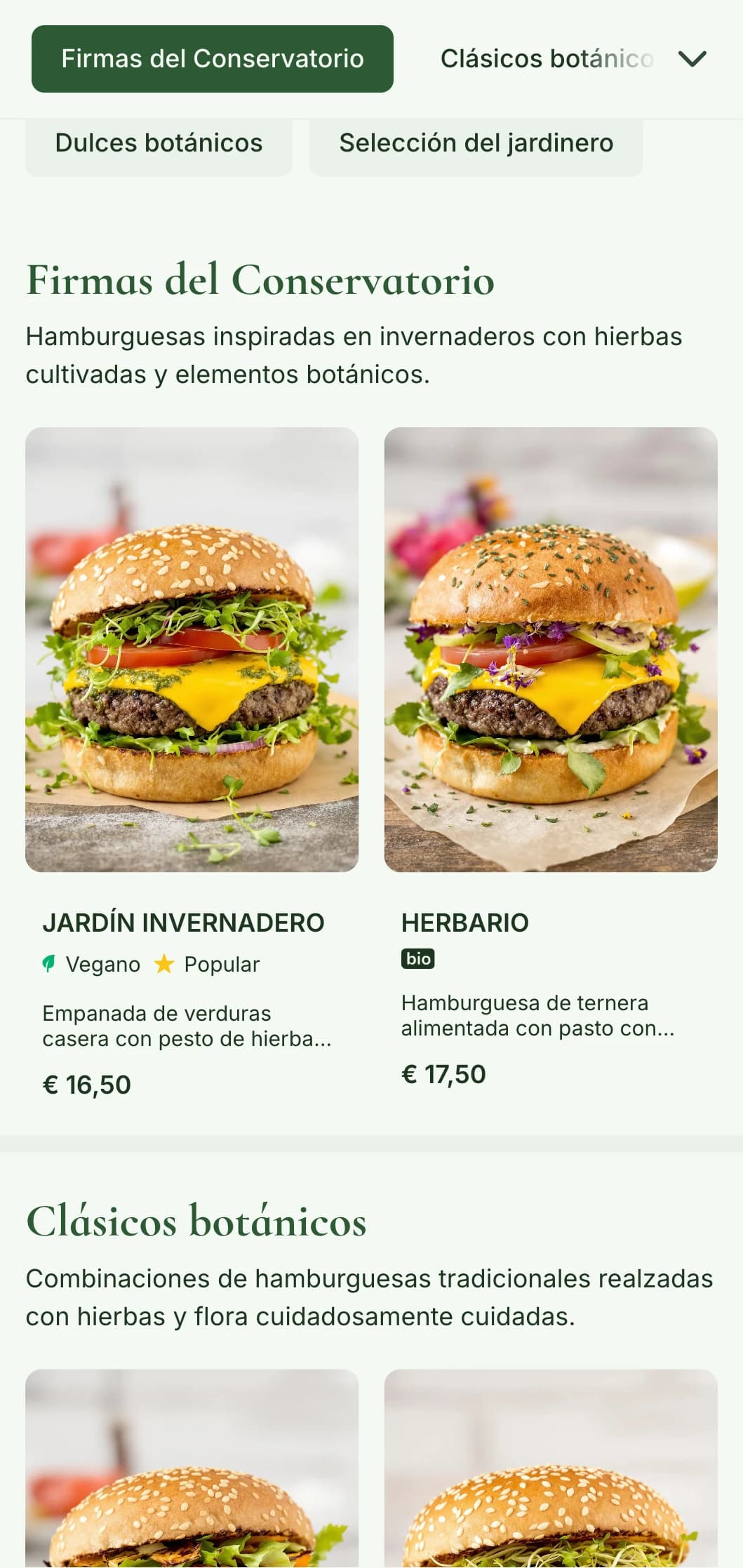 Jardín de hamburguesas centrado en las plantas, con elementos de invernadero e ilustraciones botánicas.
