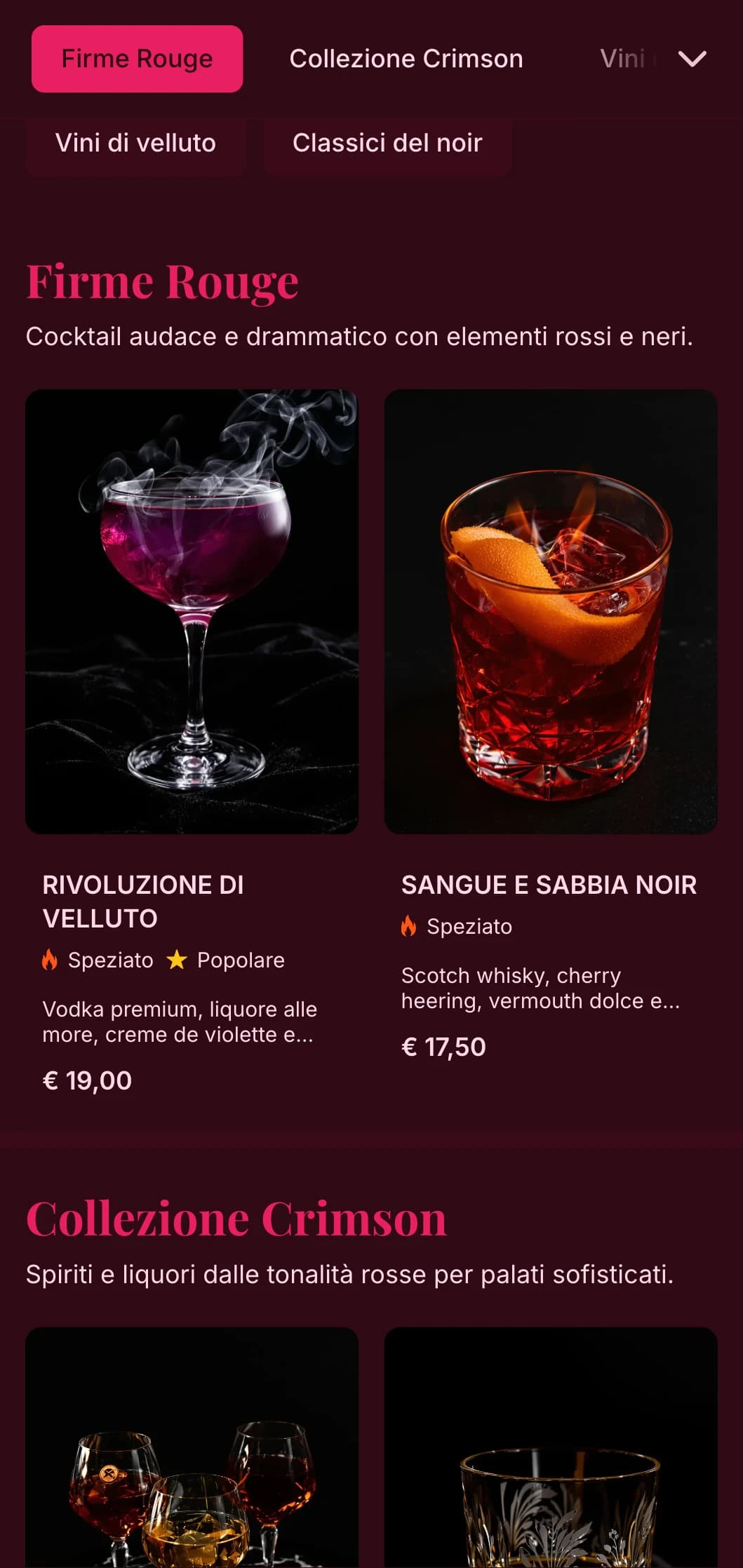 Design audace in nero e rosso con texture lussuose per esperienze di cocktail di grande impatto.