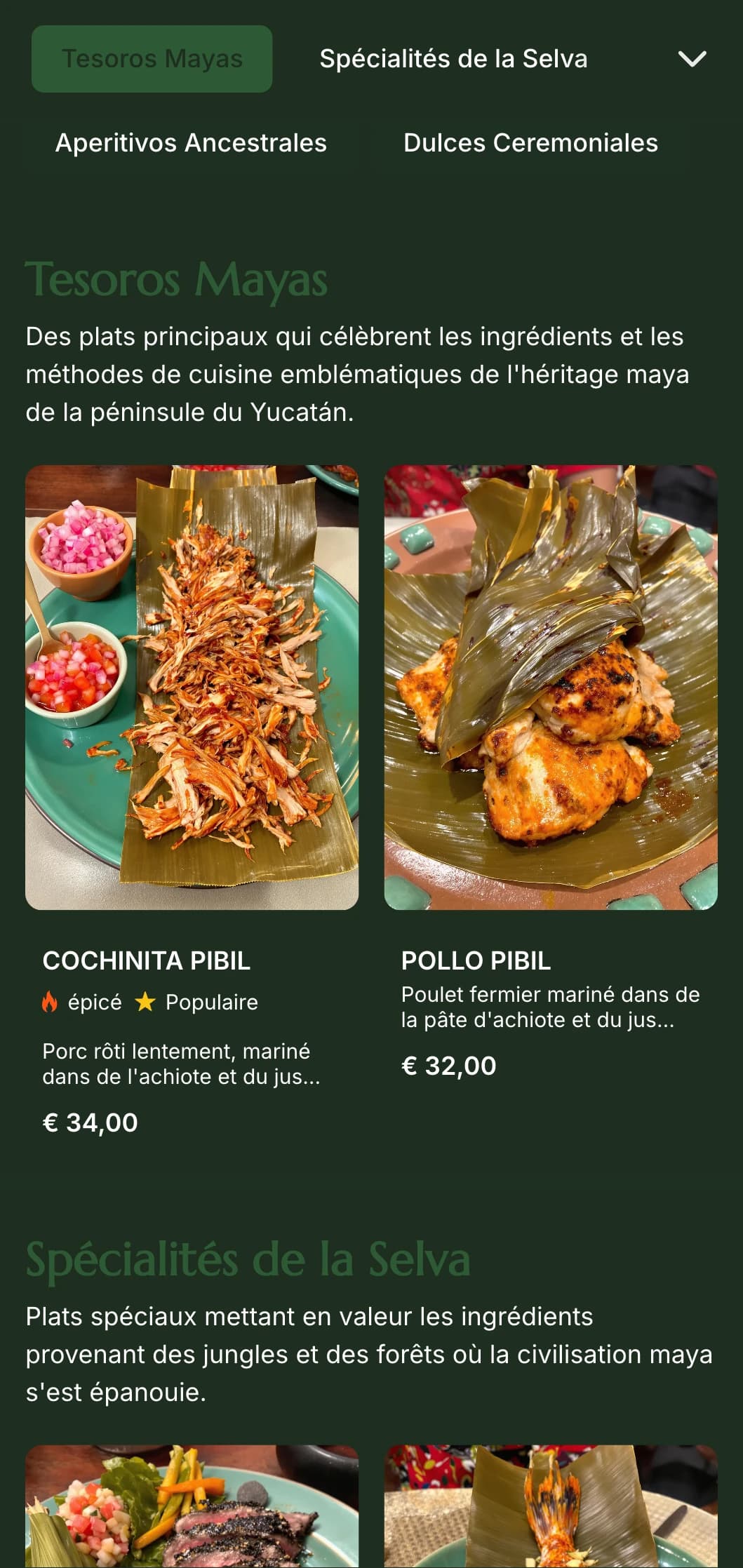 Menu mystérieux et élégant inspiré de la culture maya, avec des accents vert jade, un symbolisme ancien et des spécialités de la péninsule du Yucatán.
