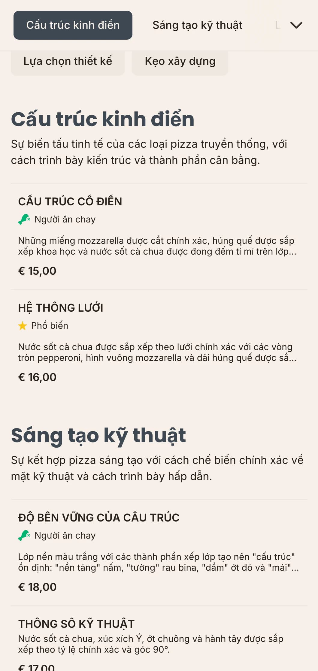 Thực đơn pizza lấy cảm hứng từ kiến trúc với cách bố trí chính xác và tính thẩm mỹ kỹ thuật.