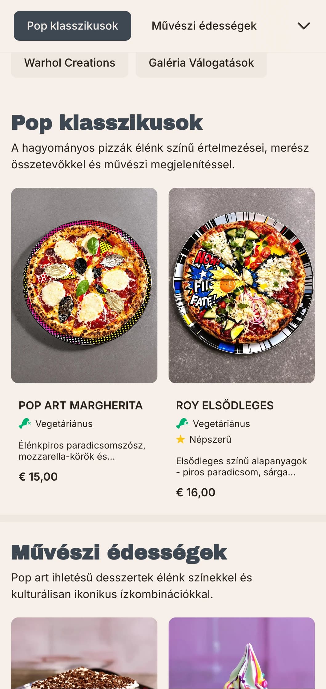 Andy Warhol ihlette pizzamenü pop art elemekkel és retro-modern esztétikával.