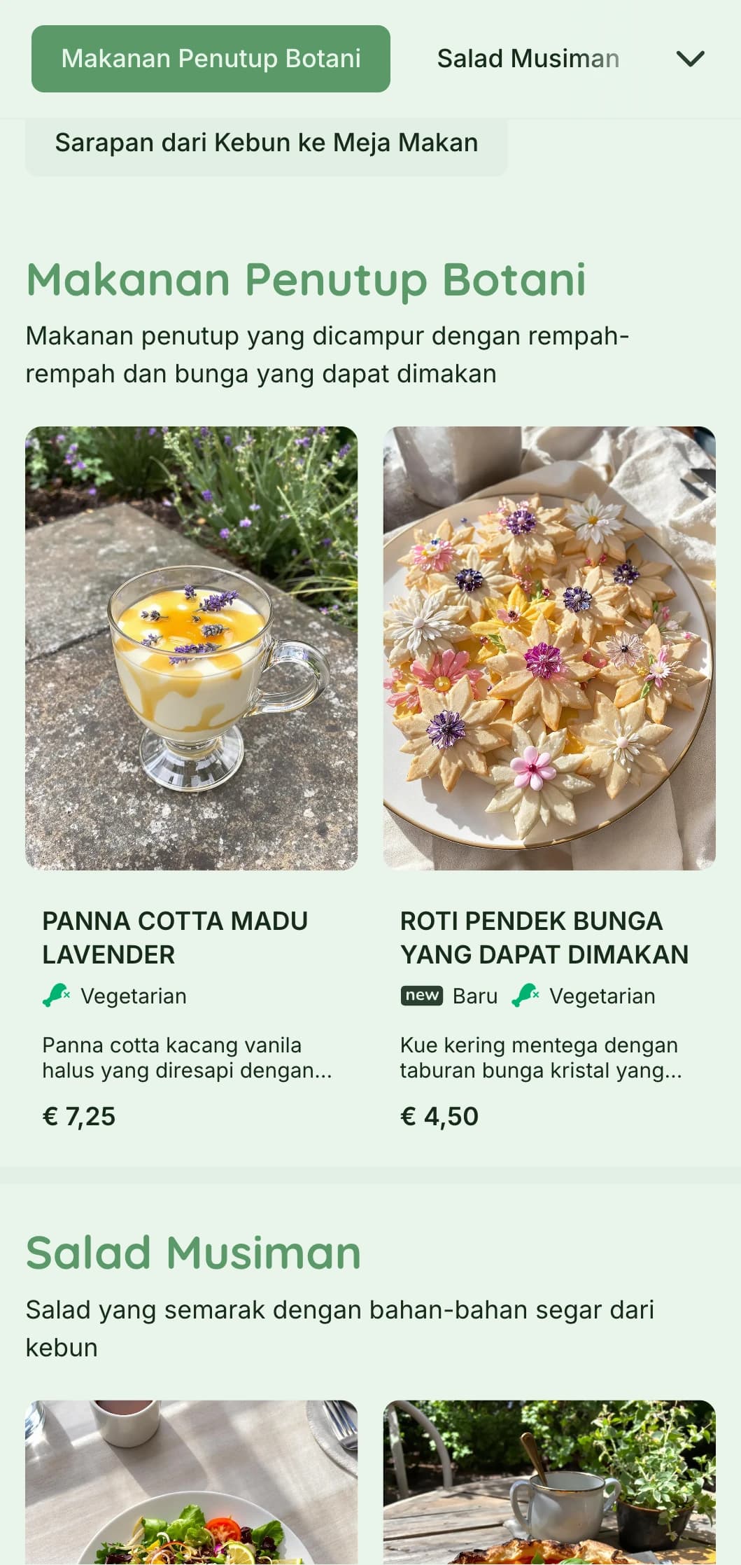 Desain hijau yang semarak dengan elemen botani untuk kafe taman dan restoran organik.