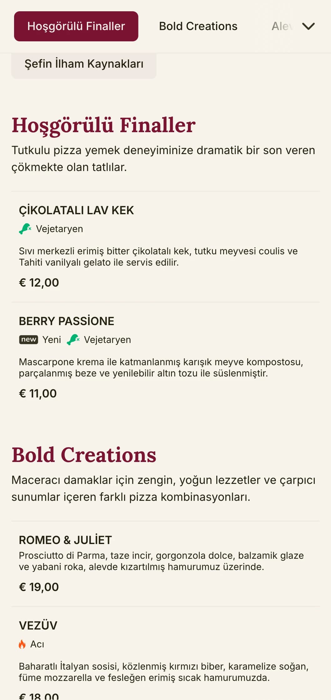 Farklı karaktere sahip pizzacılar için zengin renkler ve teatral öğeler içeren cesur ve tutkulu pizza menüsü tasarımı.