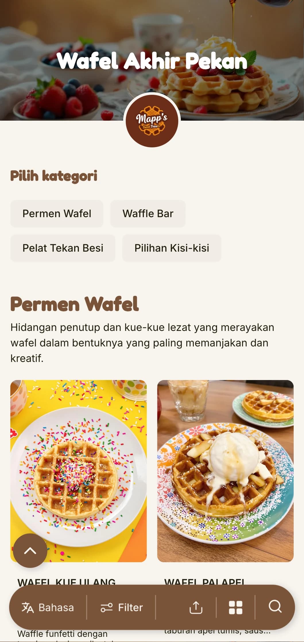 Templat brunch yang hangat dan ceria berfokus pada wafel dan sajian sarapan manis, ideal untuk kafe yang ramah keluarga.