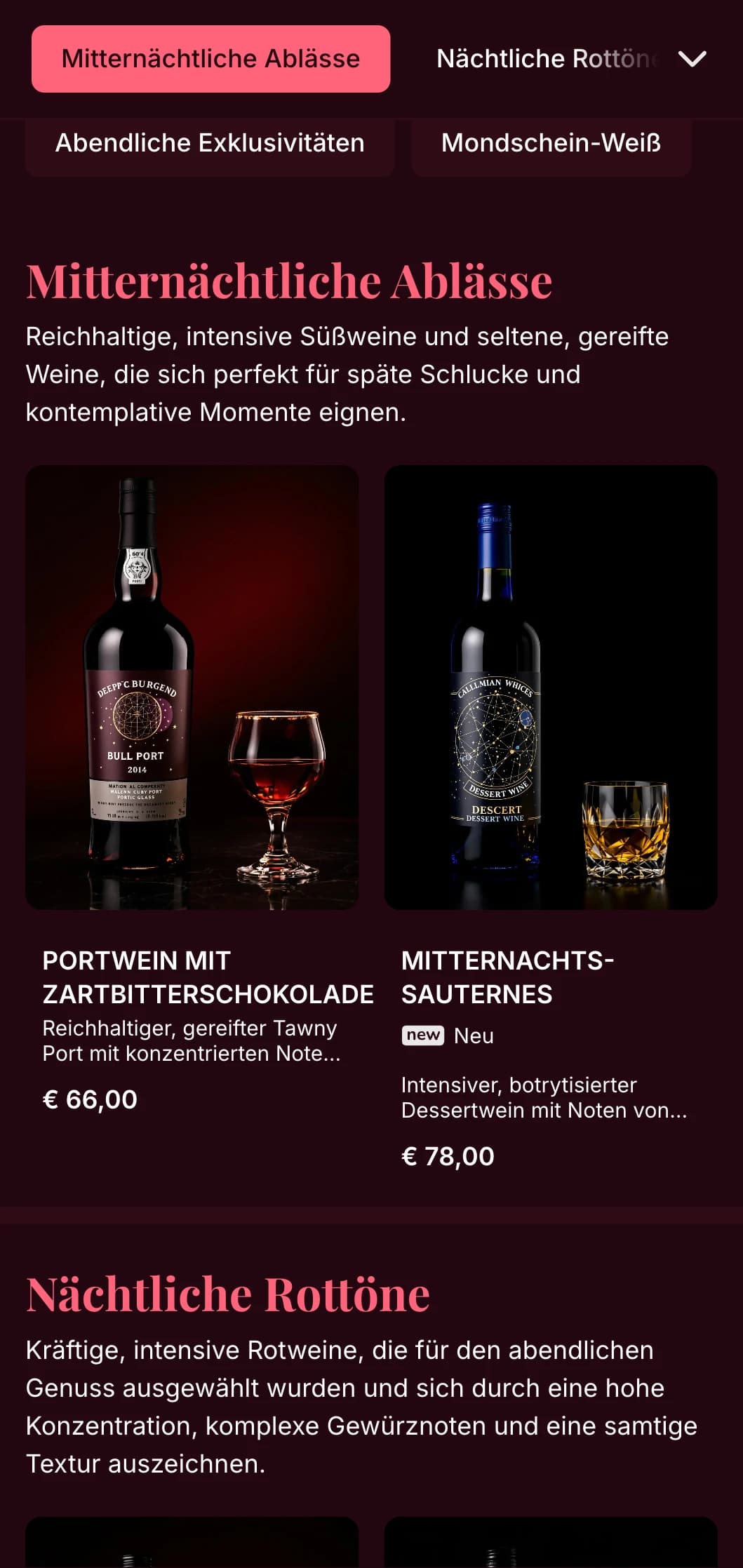 Intensive, dramatische Weinkartenvorlage mit auffälligen rosa Akzenten vor tief burgunderrotem Hintergrund, ideal für exklusive Weinlounges und Abendlokale.