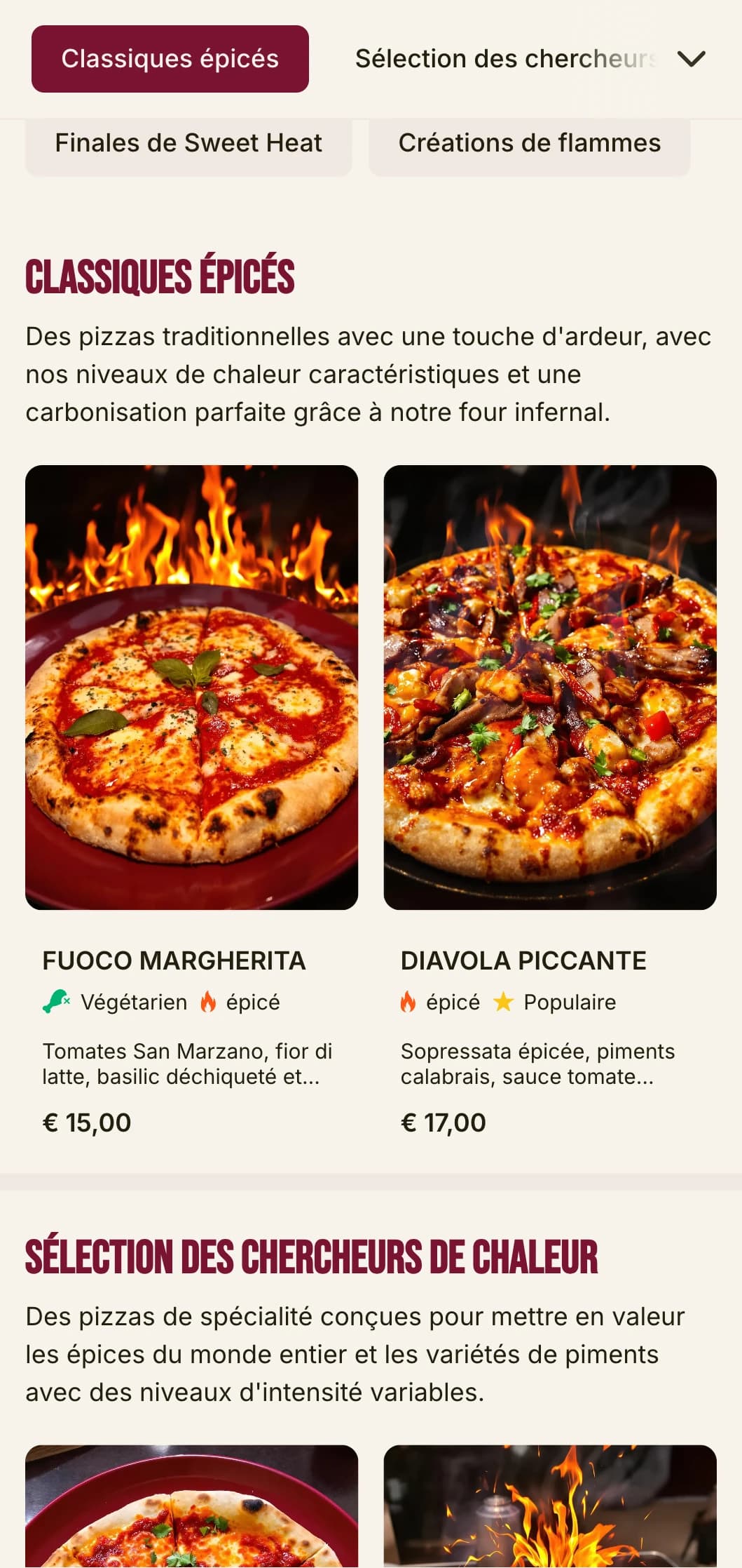 Menu de pizza énergique avec une typographie audacieuse et des couleurs vives pour les spécialistes de la pizza épicée.