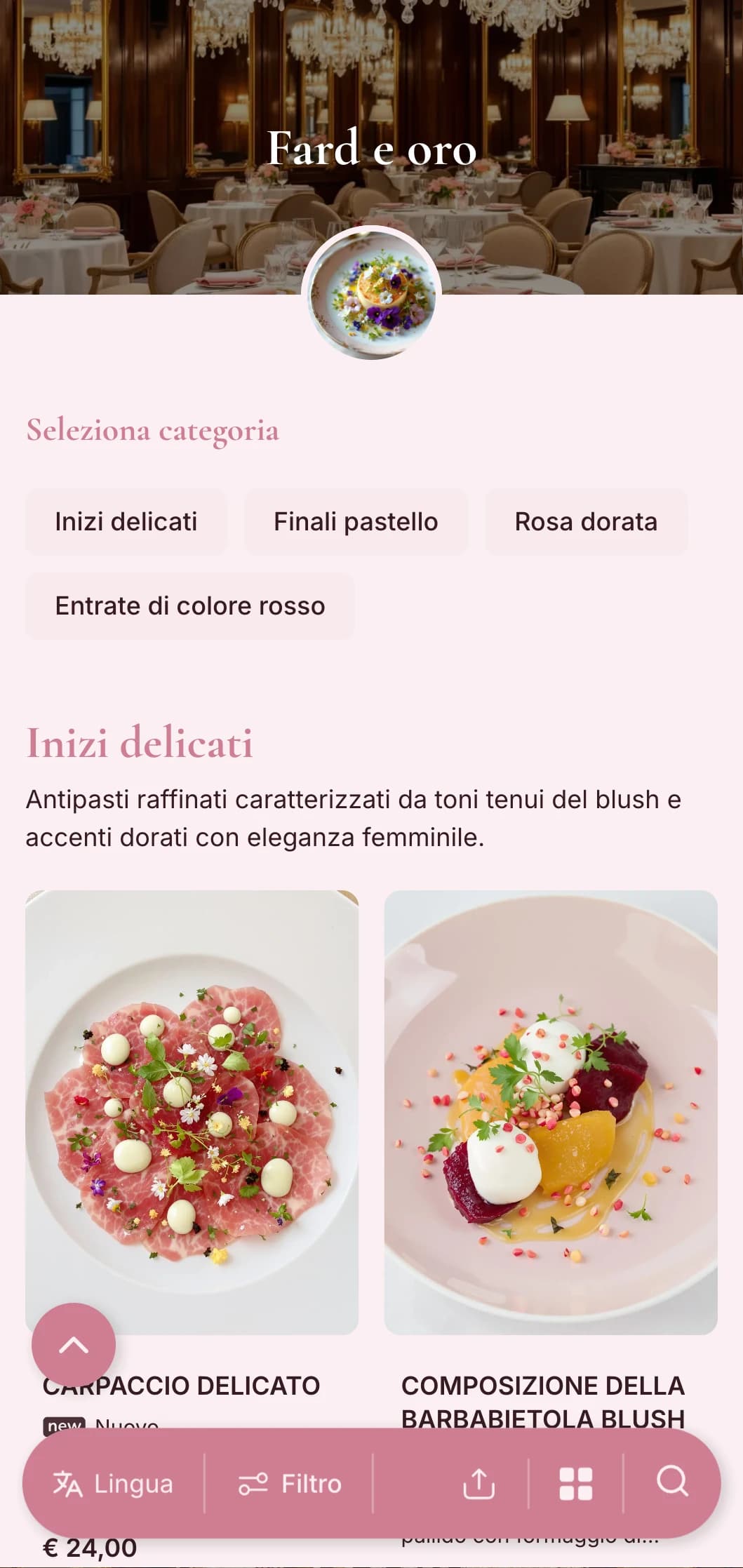 Raffinato concetto femminile caratterizzato da morbide tonalità di blush con eleganti accenti dorati per una delicata esperienza di lusso.