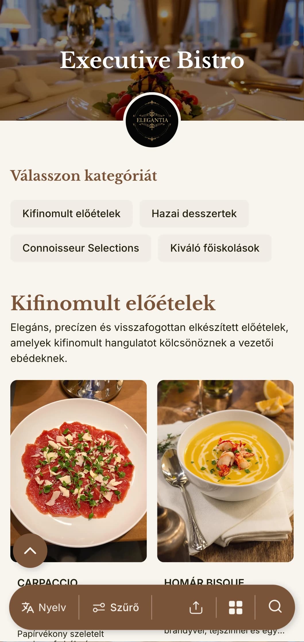 Kifinomult tipográfiával és elegáns térközökkel ellátott, kifinomult ebédmenü-tervezés, amely az üzleti szakembereket kiszolgáló előkelő szállodai éttermek és éttermek számára készült.