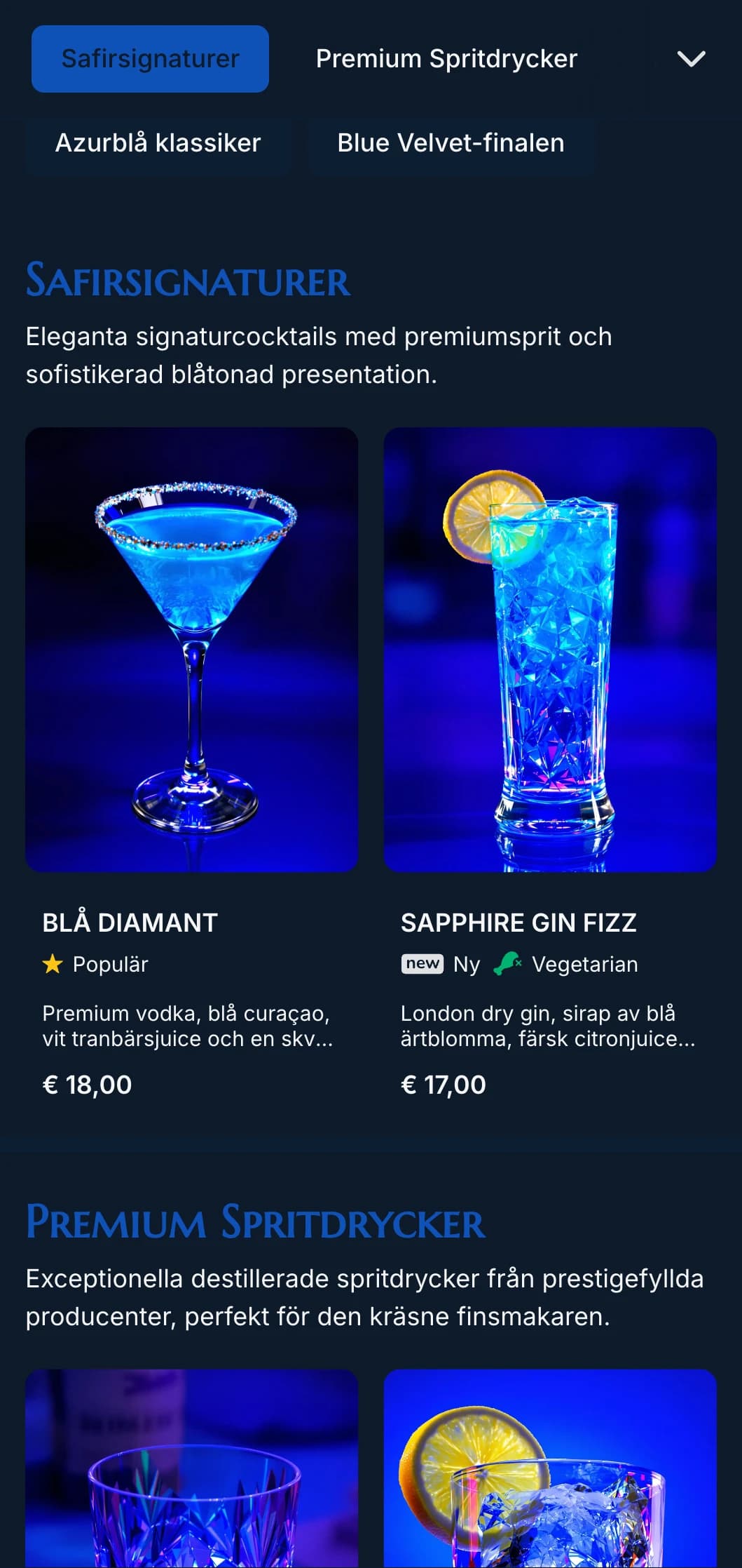 En lyxig, ädelstensinspirerad design för exklusiva cocktailbarer med djupblå toner och elegant typografi.