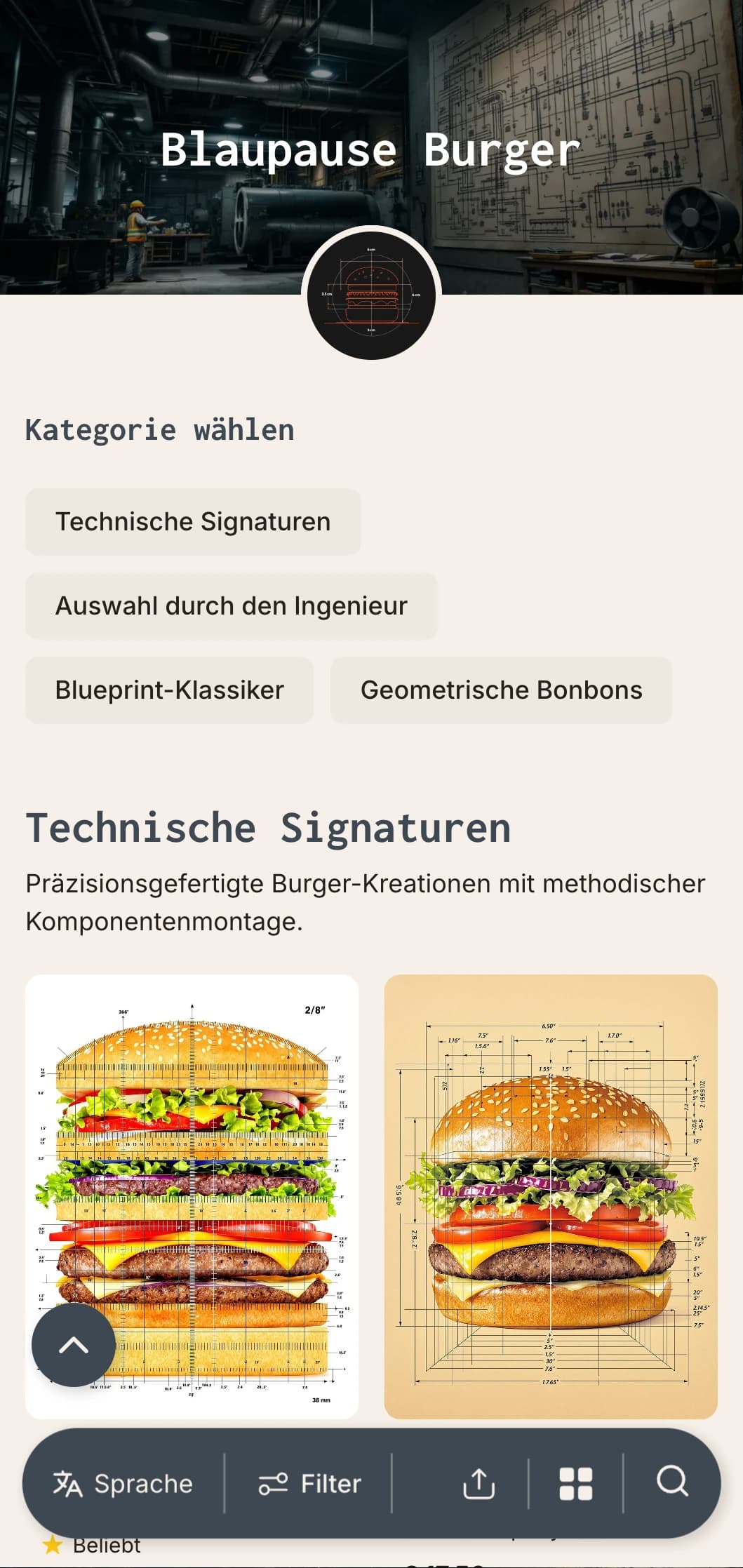 Von technischen Zeichnungen inspiriertes Burger-Konzept mit Präzision und architektonischen Elementen.