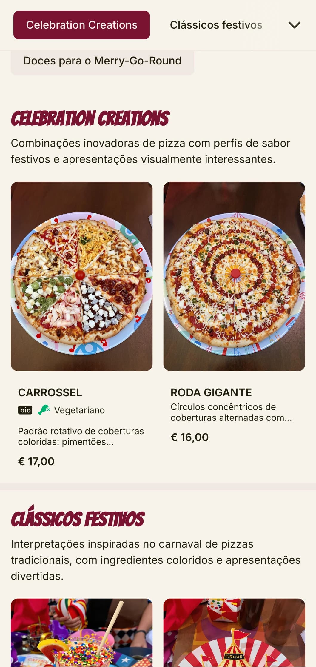 Cardápio de pizza festivo e energético com cores brilhantes e elementos lúdicos.