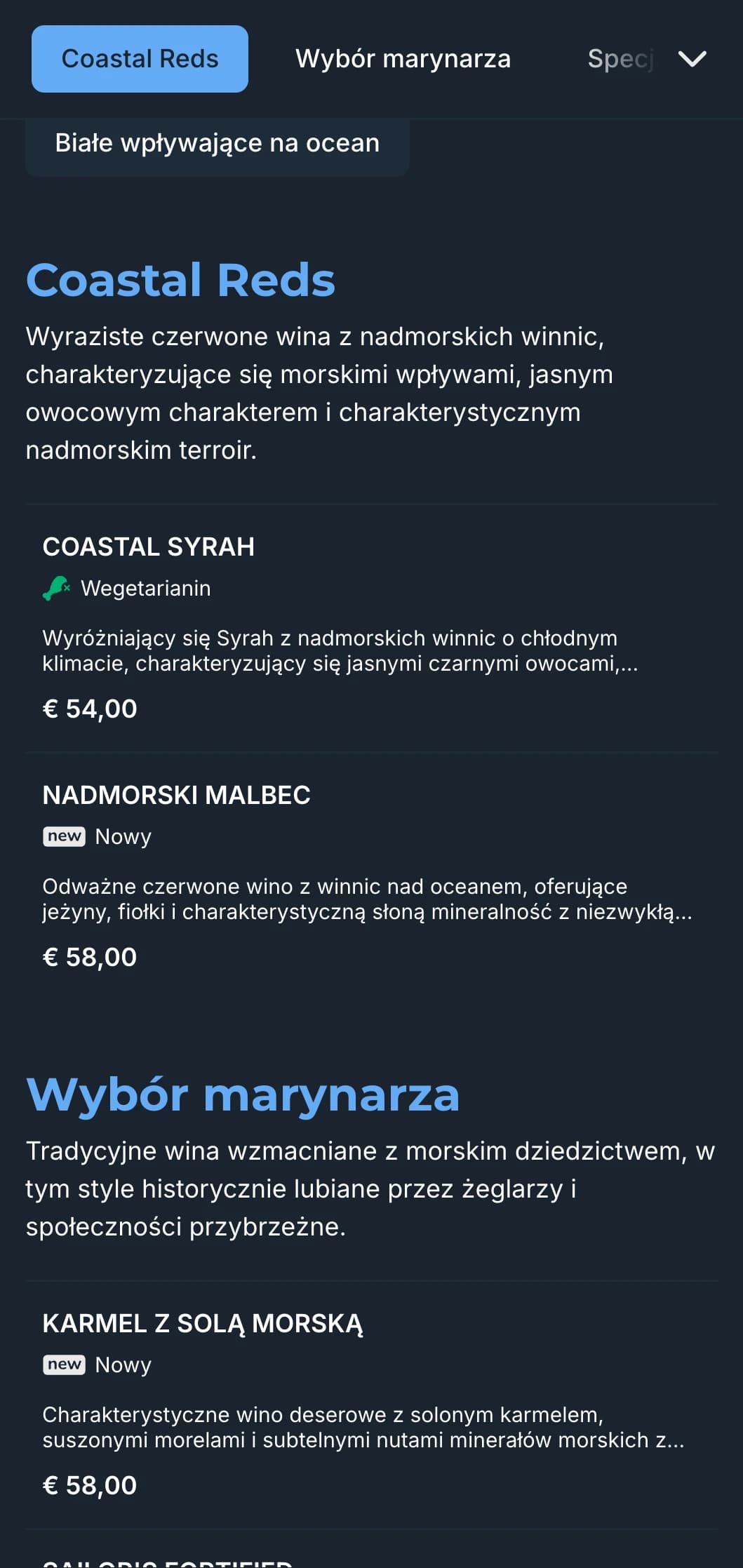 Szablon ciemnej karty win inspirowany stylem śródziemnomorskim z żywymi niebieskimi akcentami, idealny do wieczornych nadmorskich restauracji i nadmorskich doświadczeń z winem.