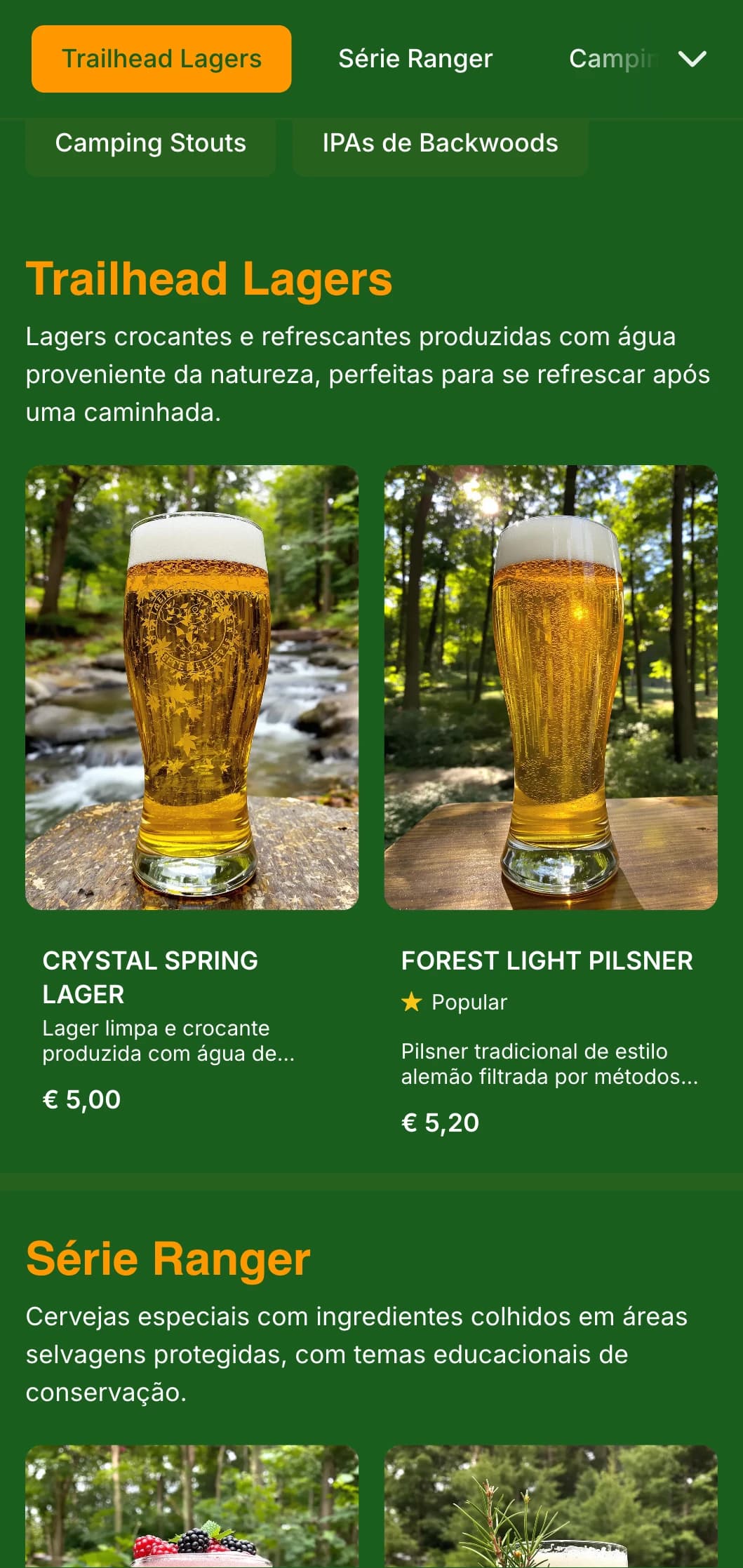 Design natural e terroso inspirado em florestas profundas, com verdes ricos e elementos de bosque para cervejarias com tema de natureza.