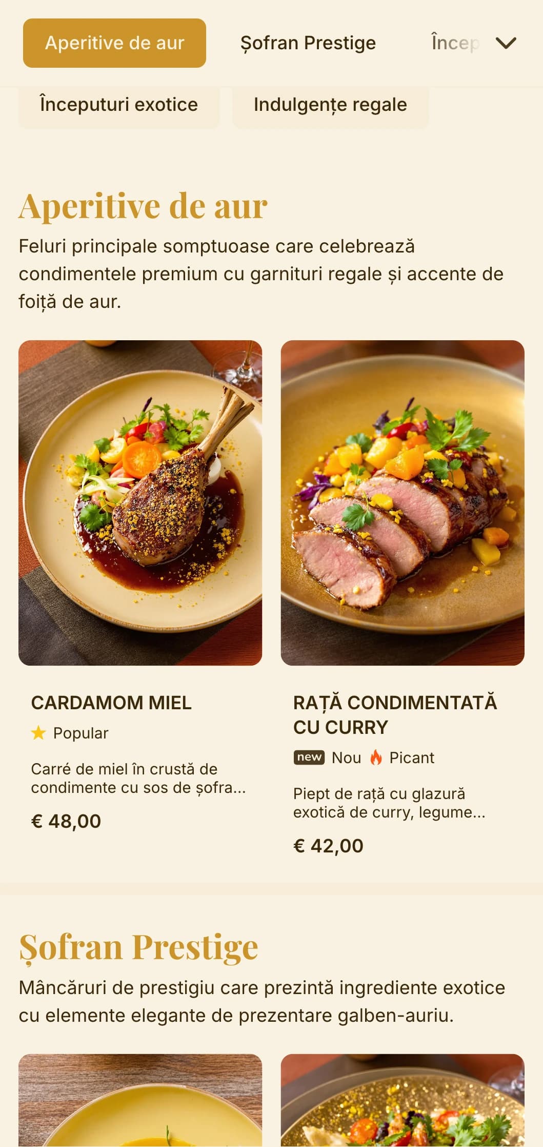 Concept opulent inspirat de condimentele exotice și de tradițiile culinare regale, cu tonuri bogate de auriu și șofran.