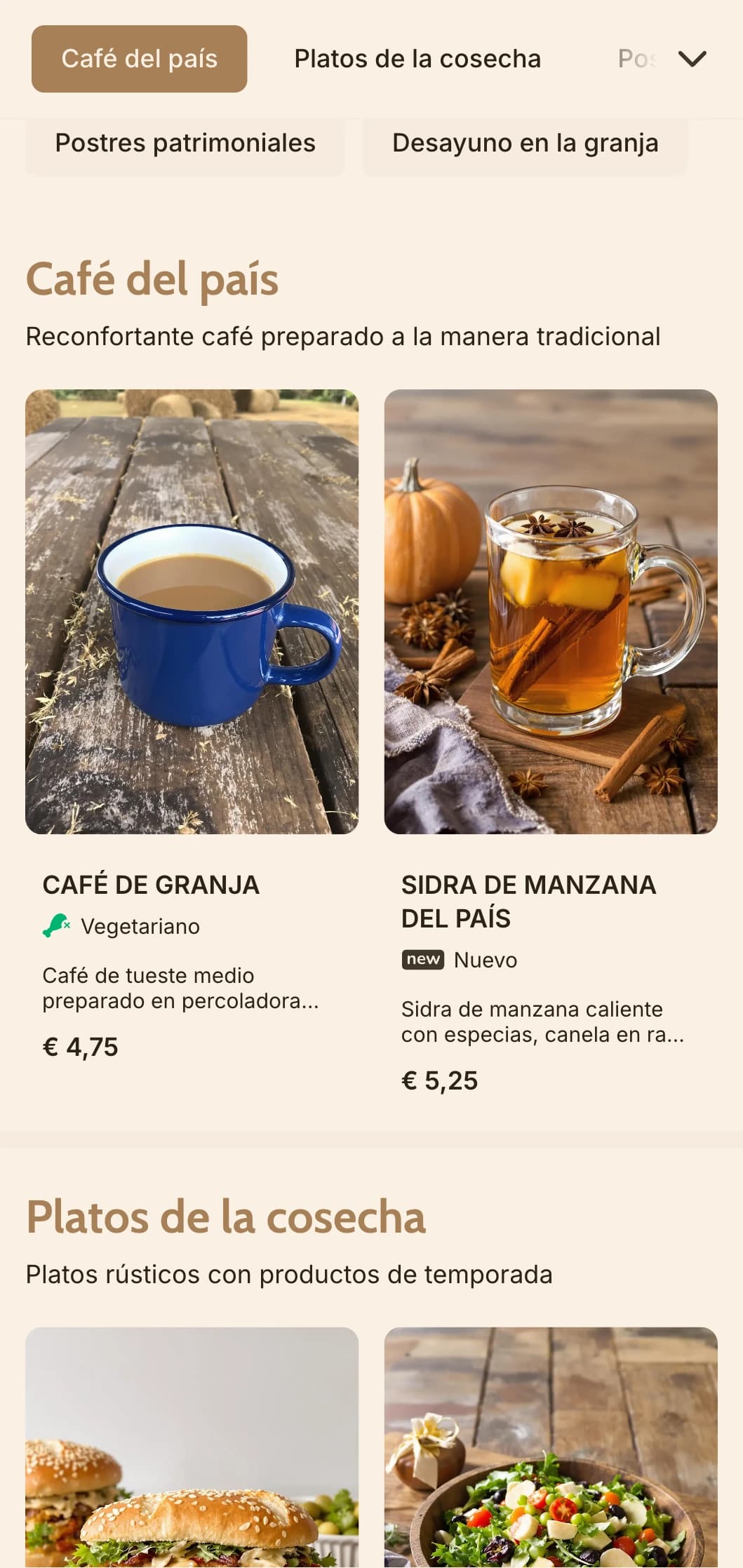 Diseño terroso con elementos rústicos de madera para desayunos campestres y cafeterías rurales.