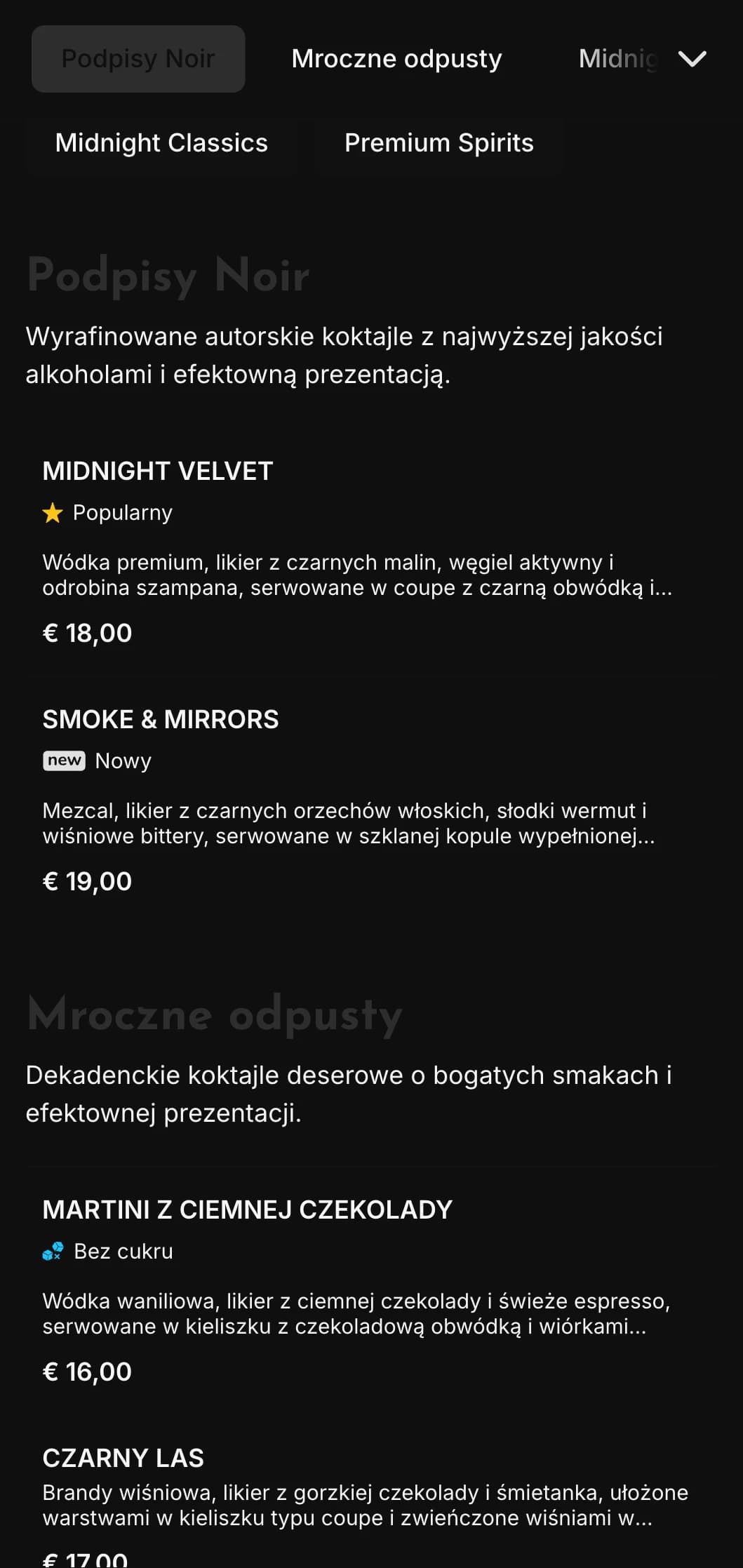Elegancki, ciemny design dla współczesnych salonów koktajlowych i klubów nocnych z kontrastowymi elementami i odważną typografią.