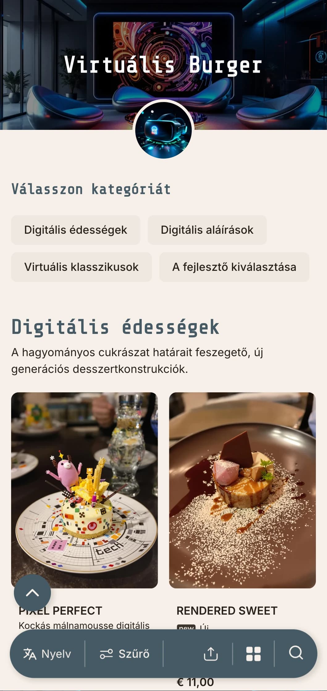 Digitális birodalom ihlette burger koncepció, amely a technológiát és a virtuális élményeket ünnepli.
