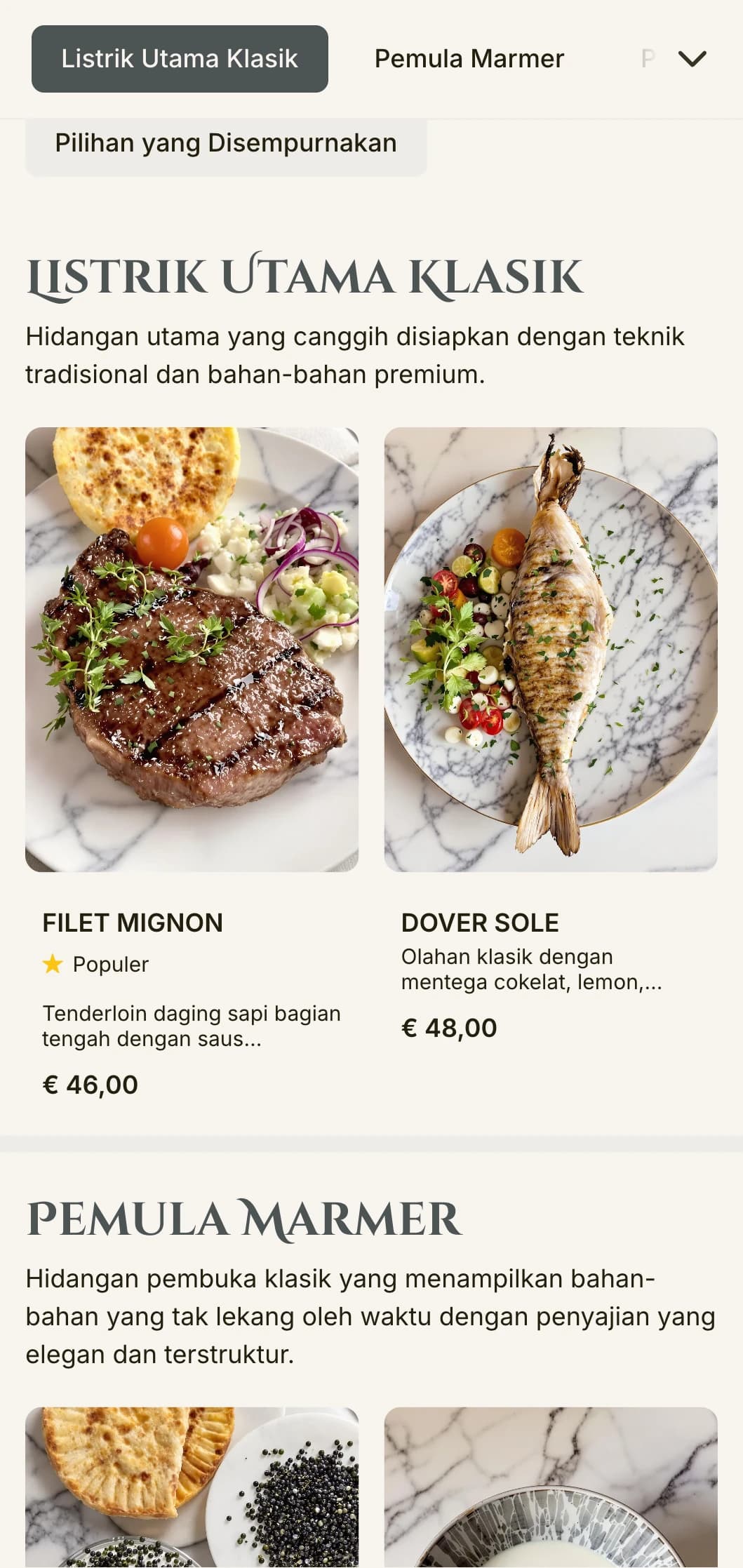 Menu makan malam yang elegan dengan tekstur marmer dan elemen desain klasik, sempurna untuk tempat makan yang berkelas.
