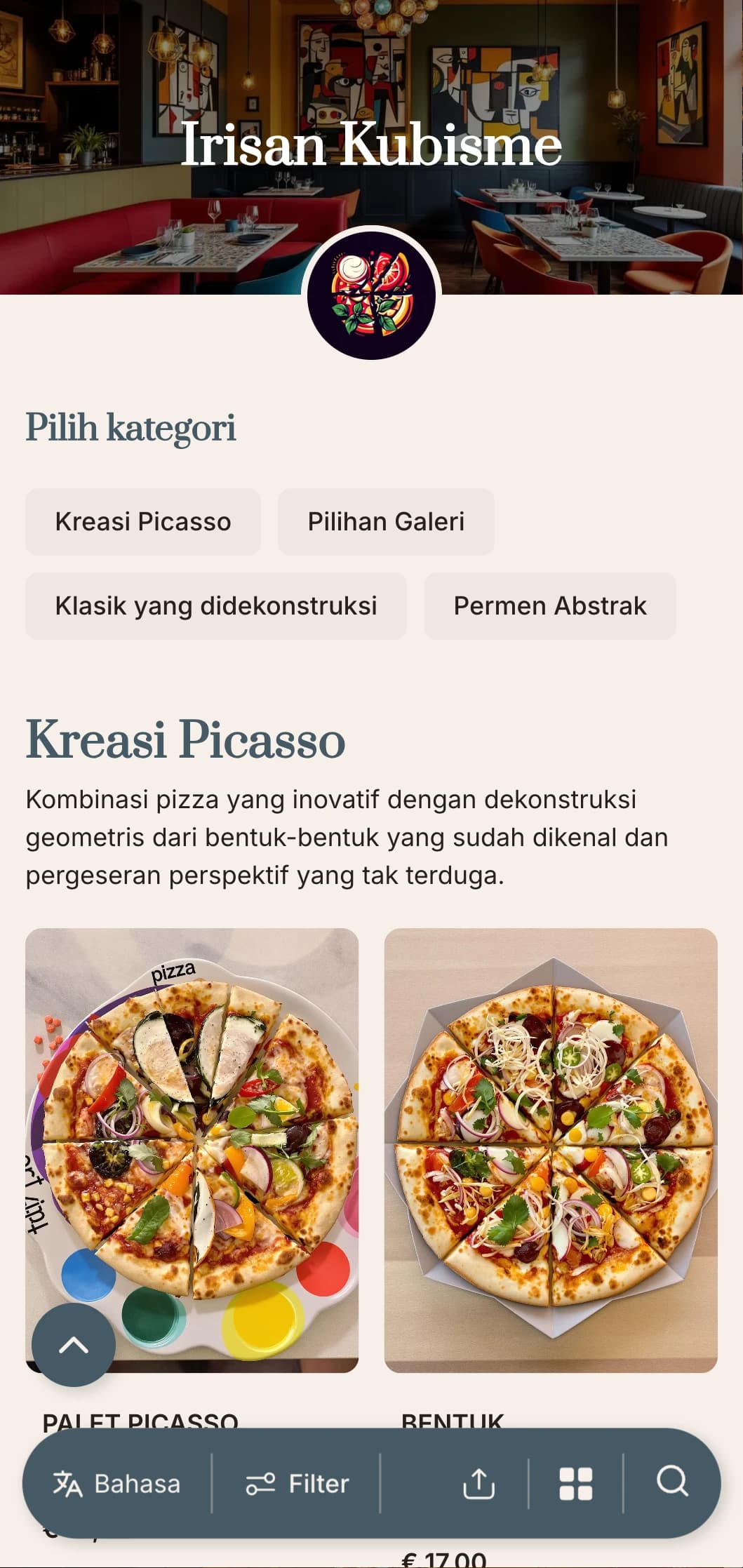 Menu pizza yang terinspirasi dari Picasso dengan elemen geometris abstrak dan tata letak yang artistik.