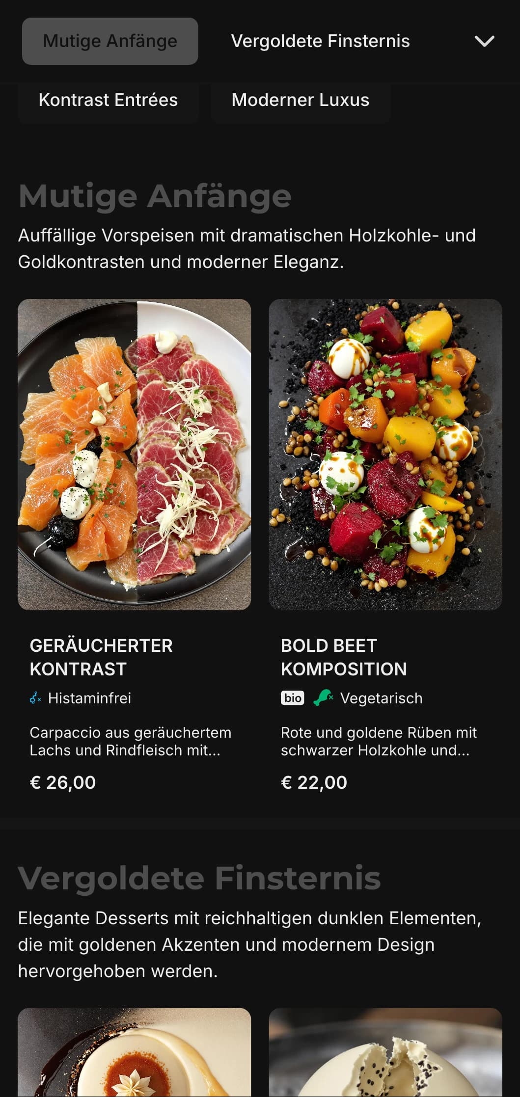 Ein kühnes, modernes Konzept, das tiefe Anthrazit-Töne mit luxuriösen Goldakzenten kombiniert.