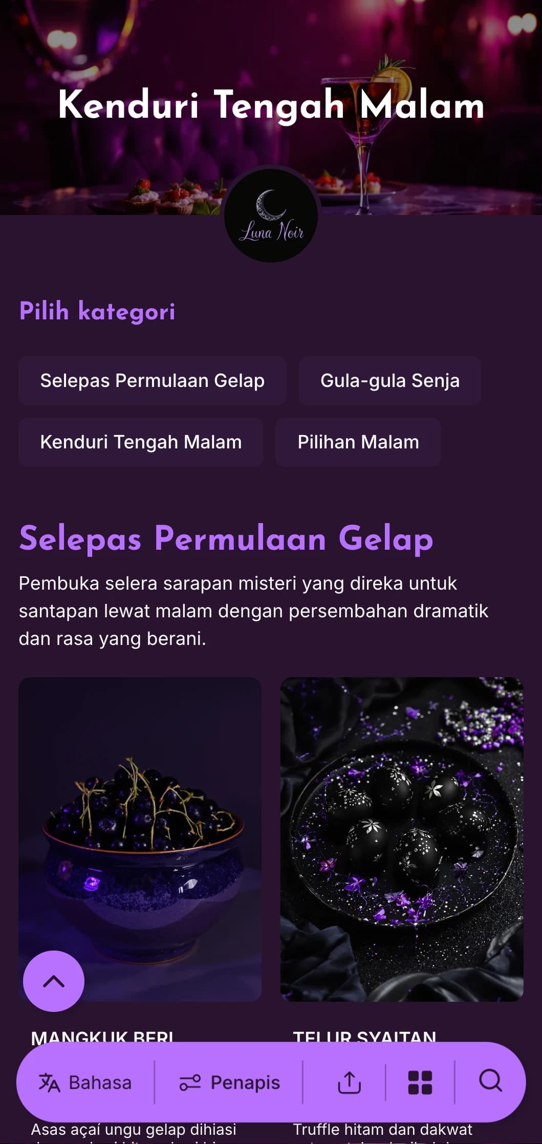 Templat ungu tua dengan aksen terang, sesuai untuk tawaran makan tengah hari lewat malam dan sarapan berpasangan koktel.