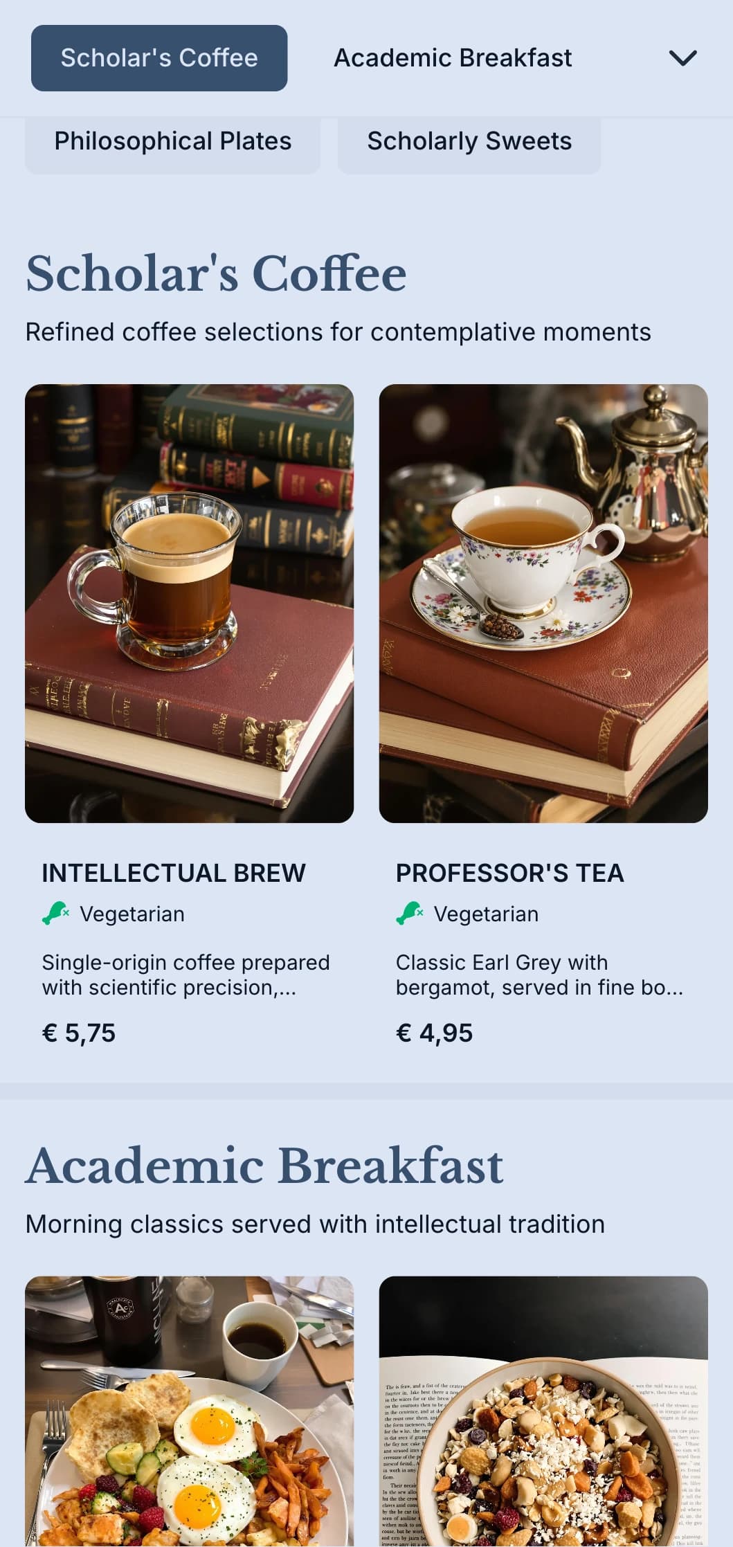 Sophisticated navy design with academic elements for university-adjacent coffeehouses.