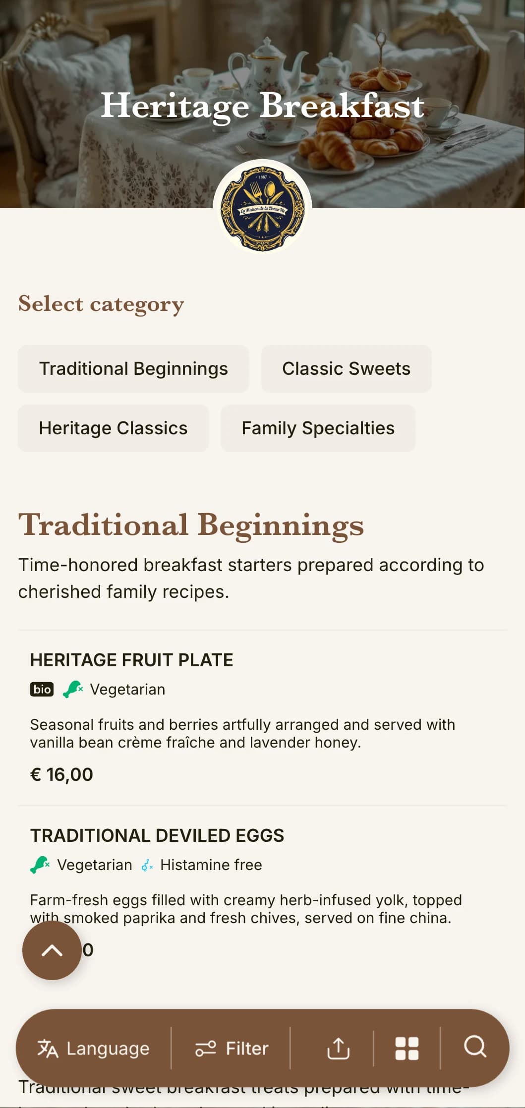 Traditional breakfast selections inspired by timeless family recipes and classic culinary techniques.