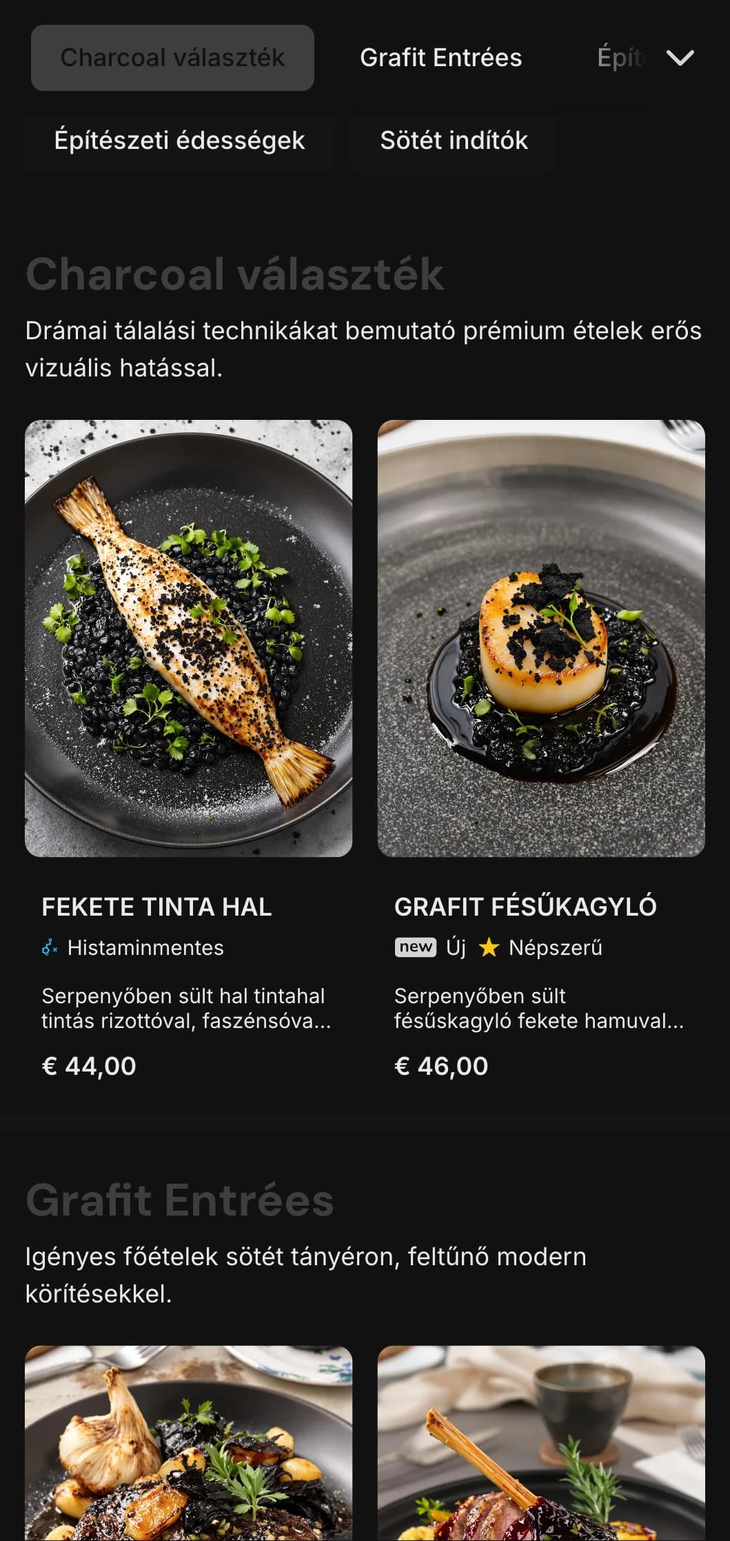 Merész, kortárs koncepció mély szénszínekkel és éles kontrasztokkal a drámai étkezési élményért.